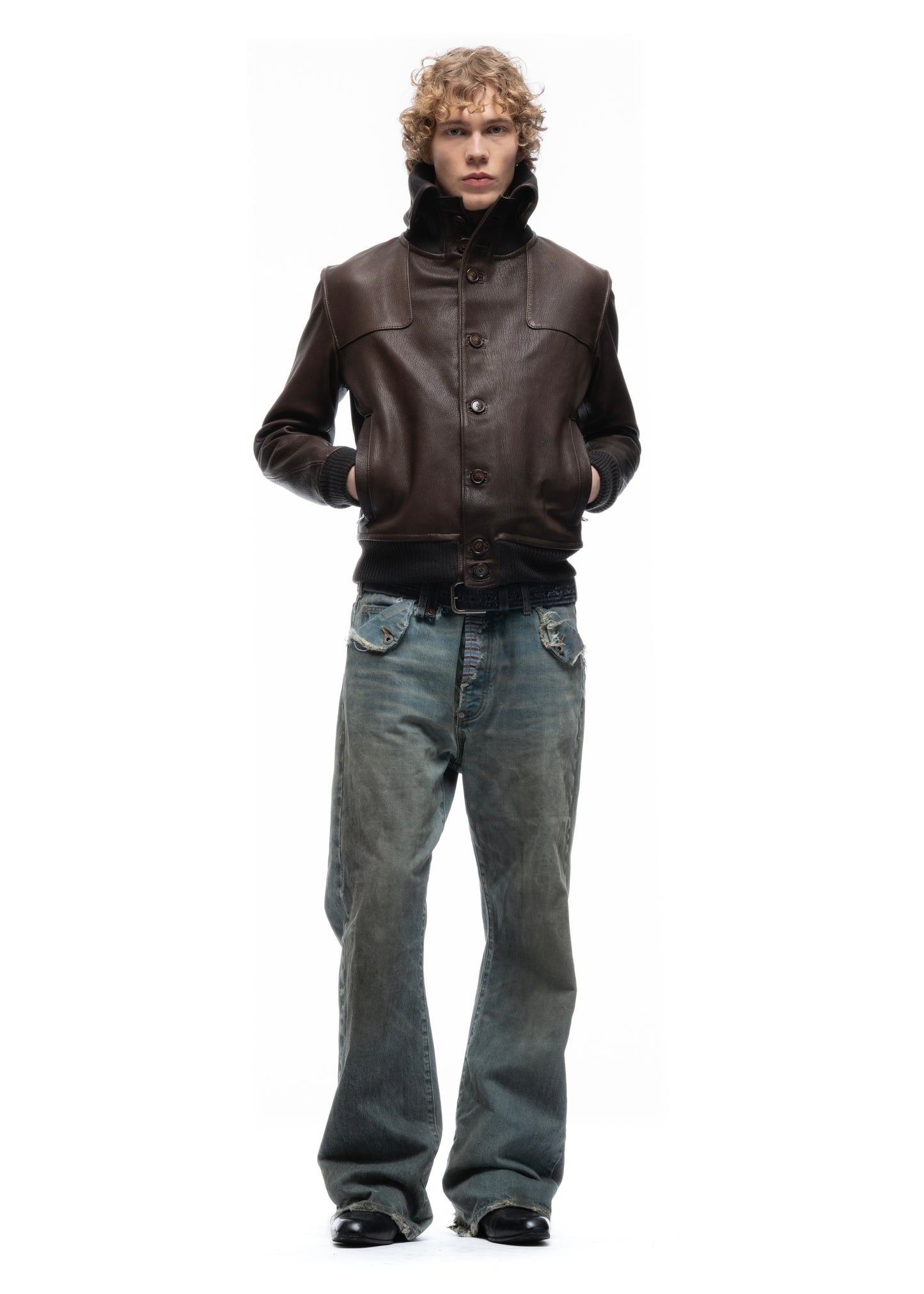 COLLAR UP BUTTON LEATHER JACKET BROWN