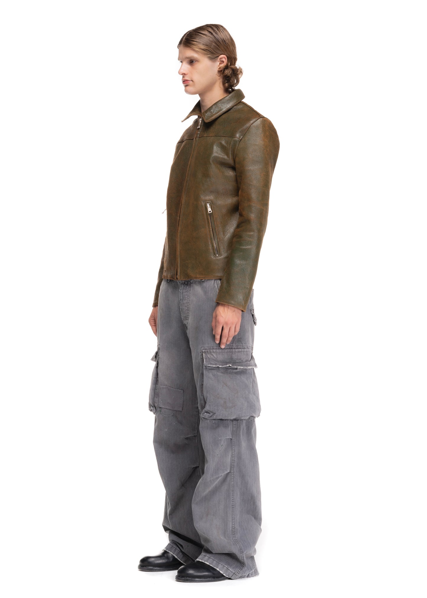 BASIC CUT LEATHER JACKET USED GREEN 002
