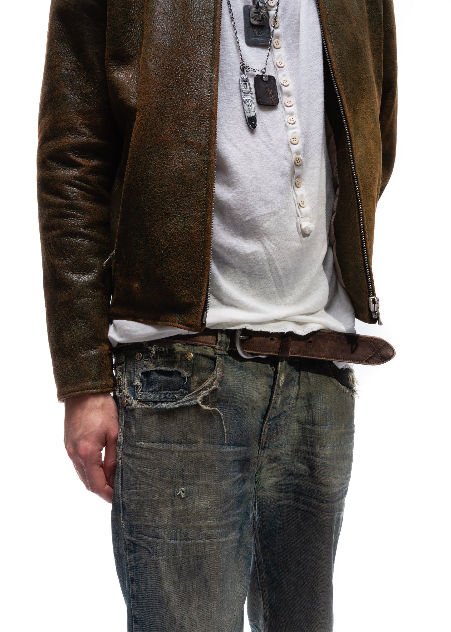 BIKER ONE CUT LEATHER JACKET USED GREEN