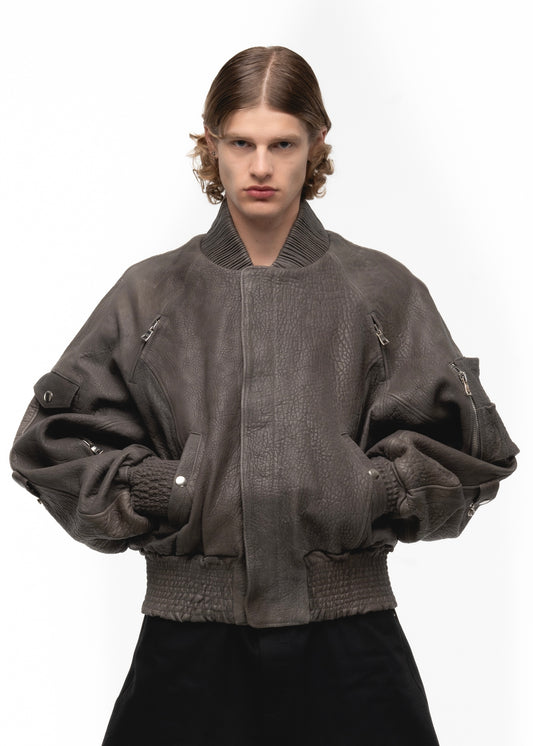 GREY DRIED CONCRETE LEATHER BOMBER