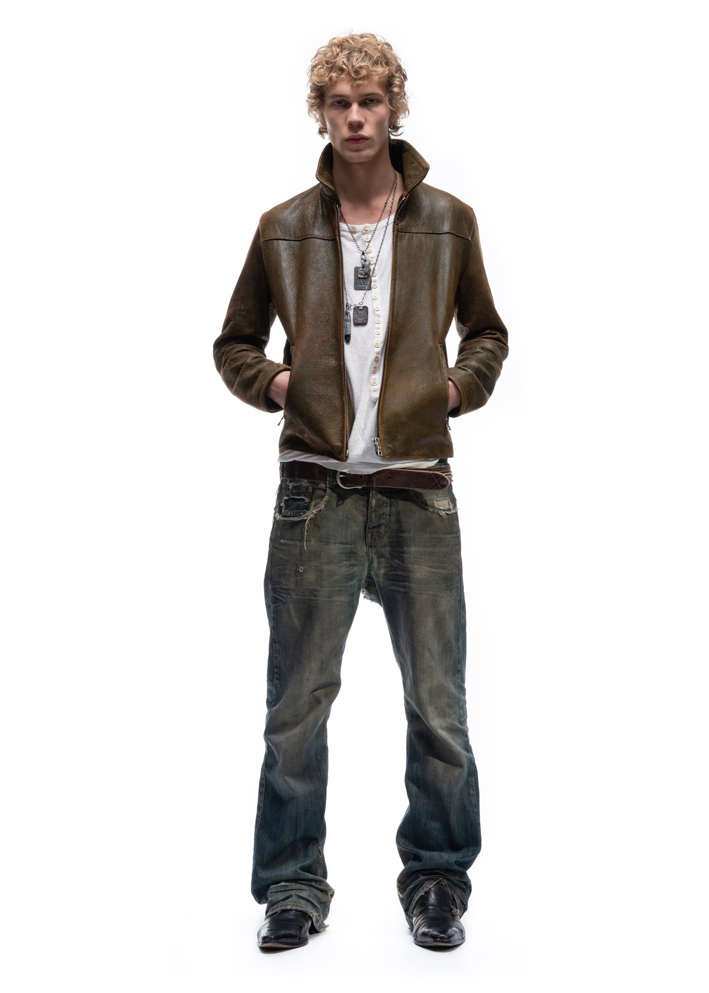BIKER ONE CUT LEATHER JACKET USED GREEN