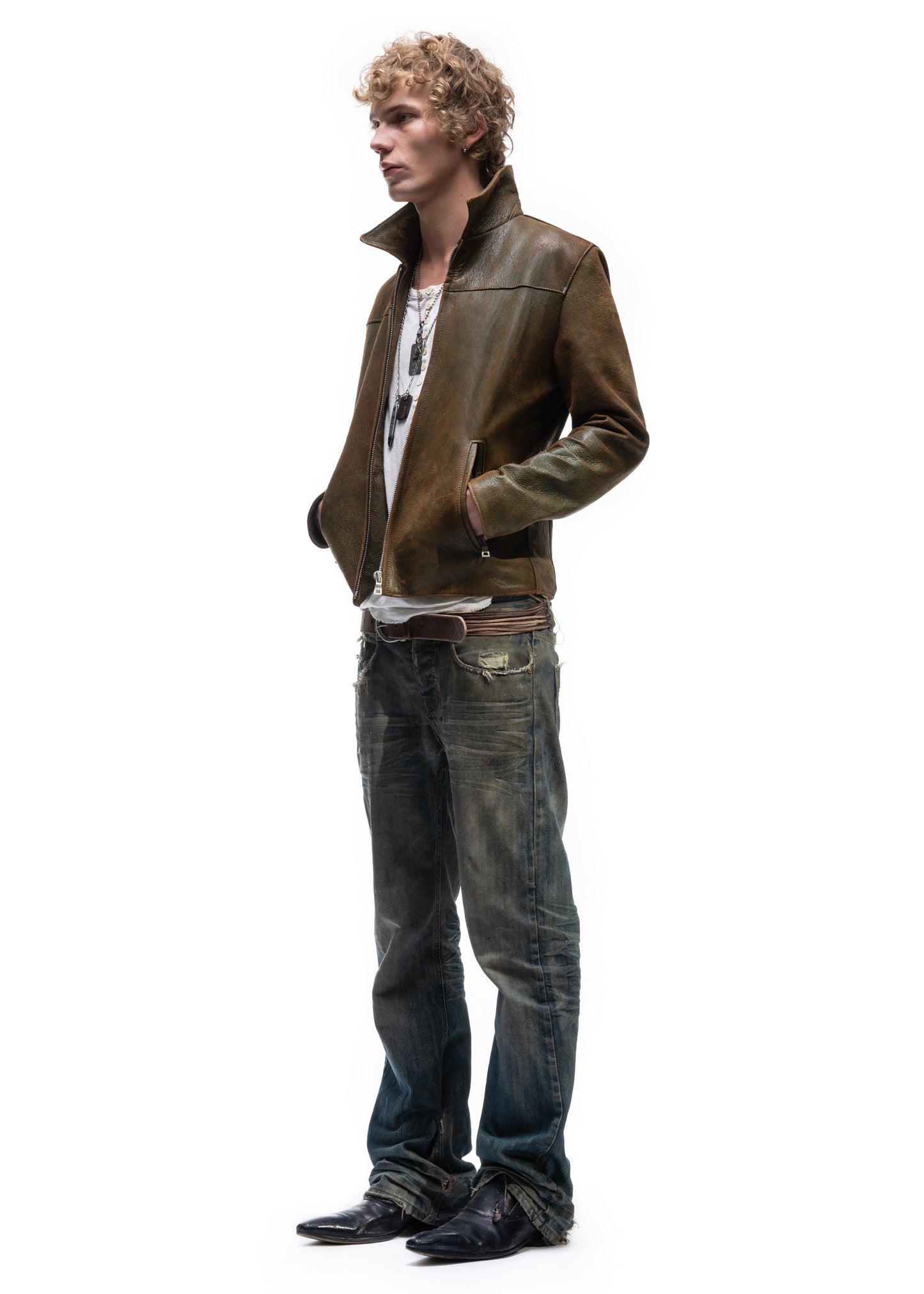 BIKER ONE CUT LEATHER JACKET USED GREEN