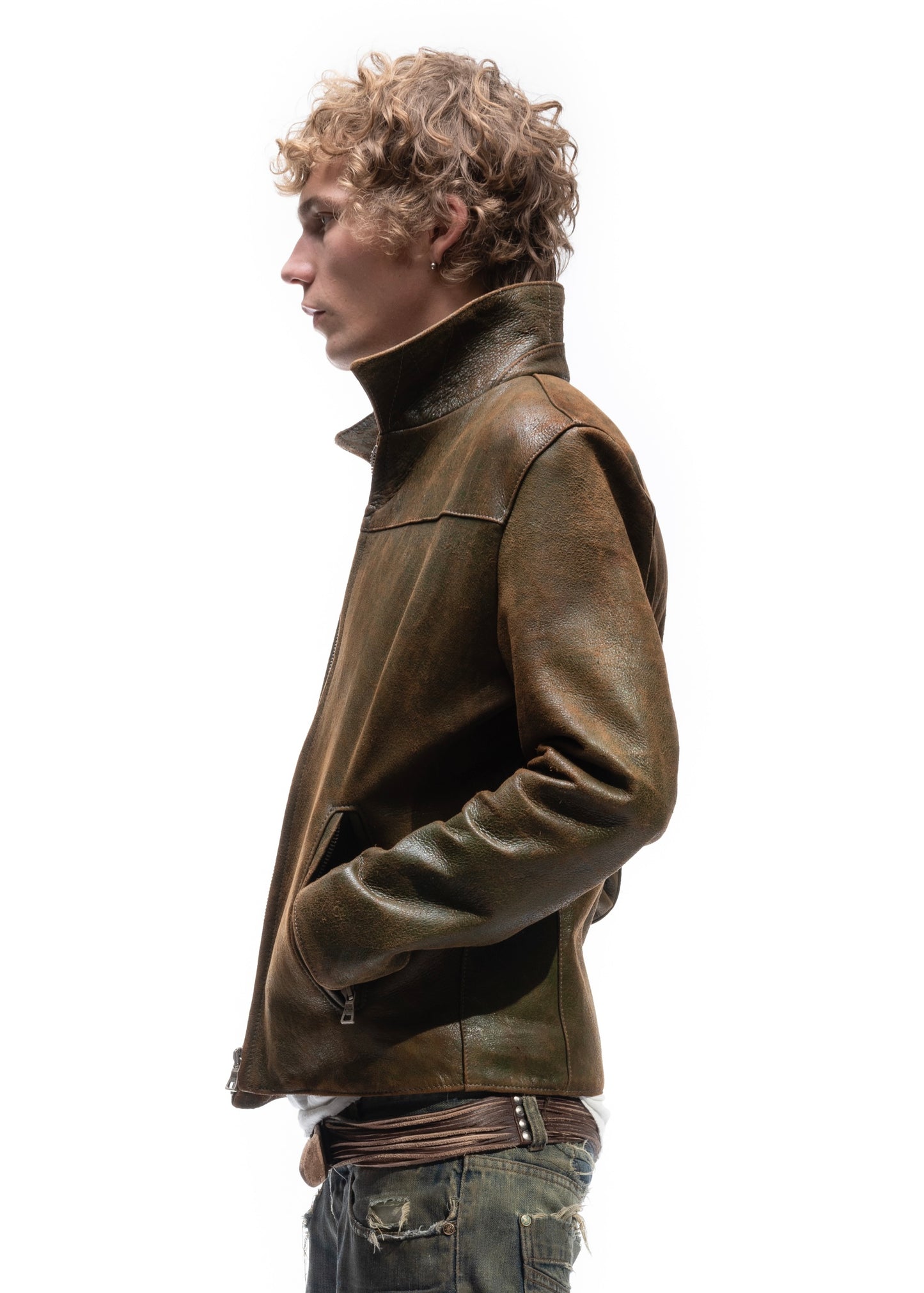 BIKER ONE CUT LEATHER JACKET USED GREEN