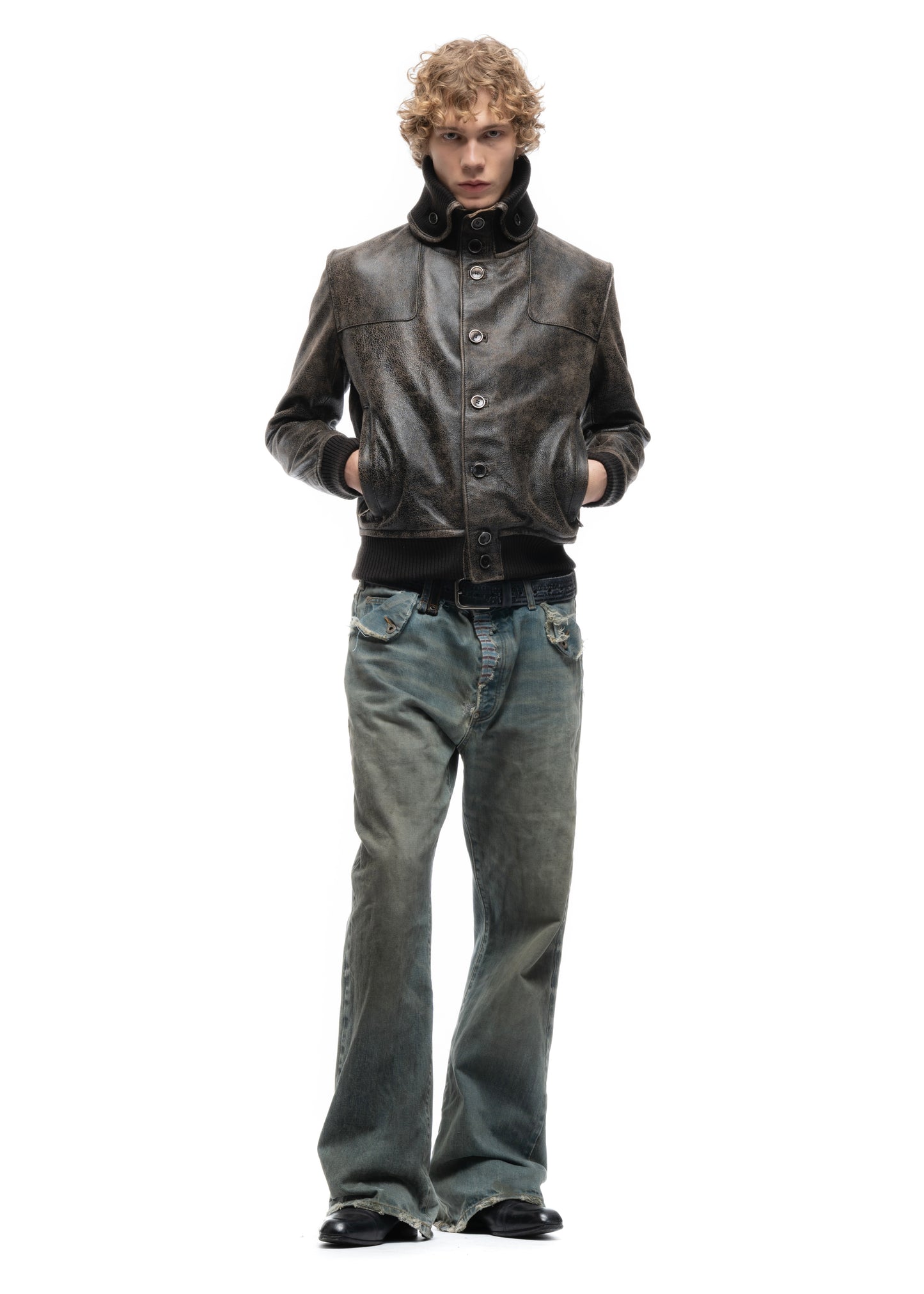 COLLAR UP BUTTON LEATHER JACKET CRACKED USED