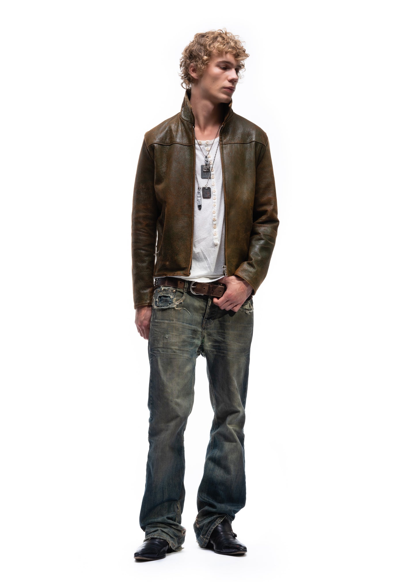 BIKER ONE CUT LEATHER JACKET USED GREEN