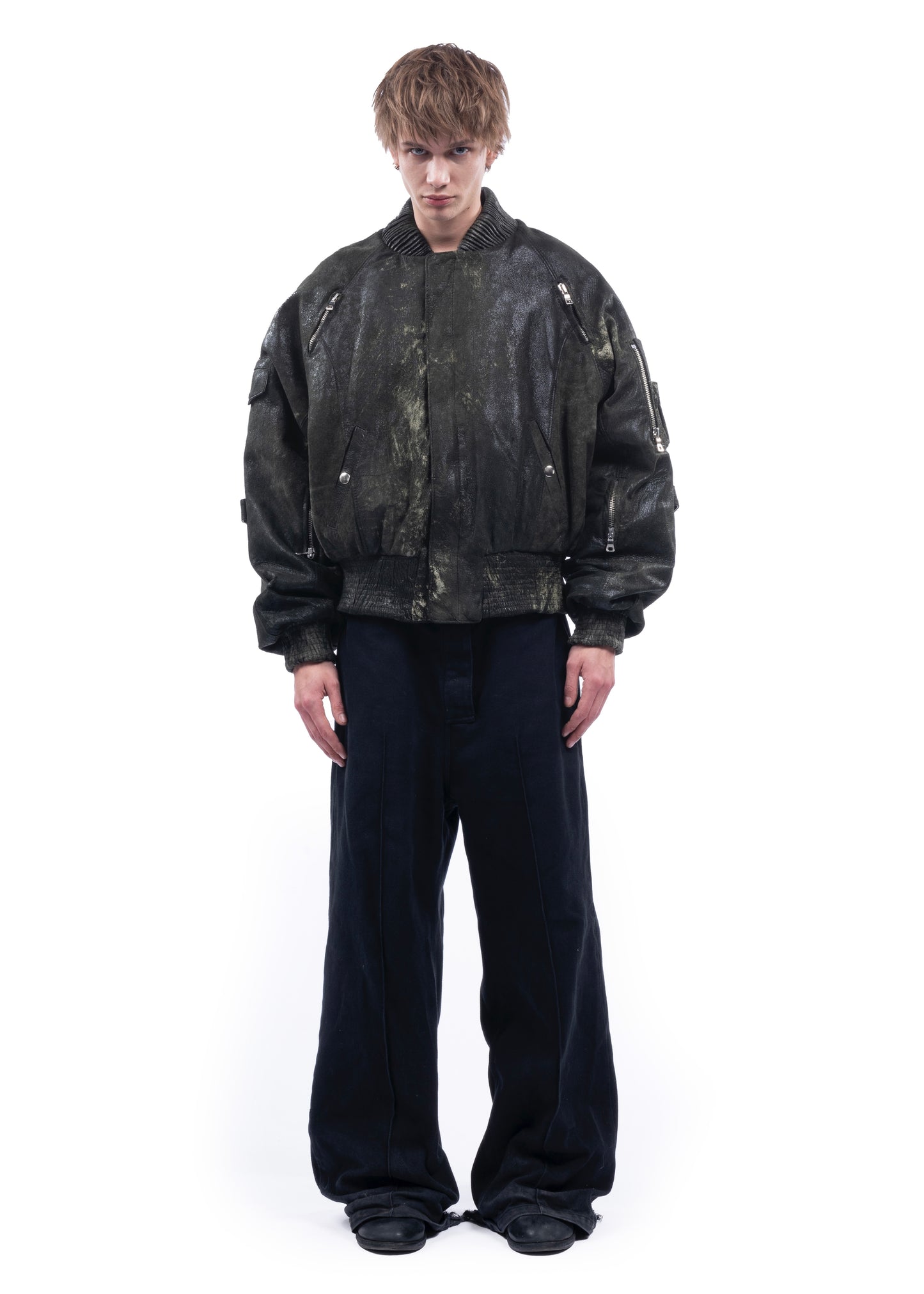 USED GREEN LEATHER BOMBER