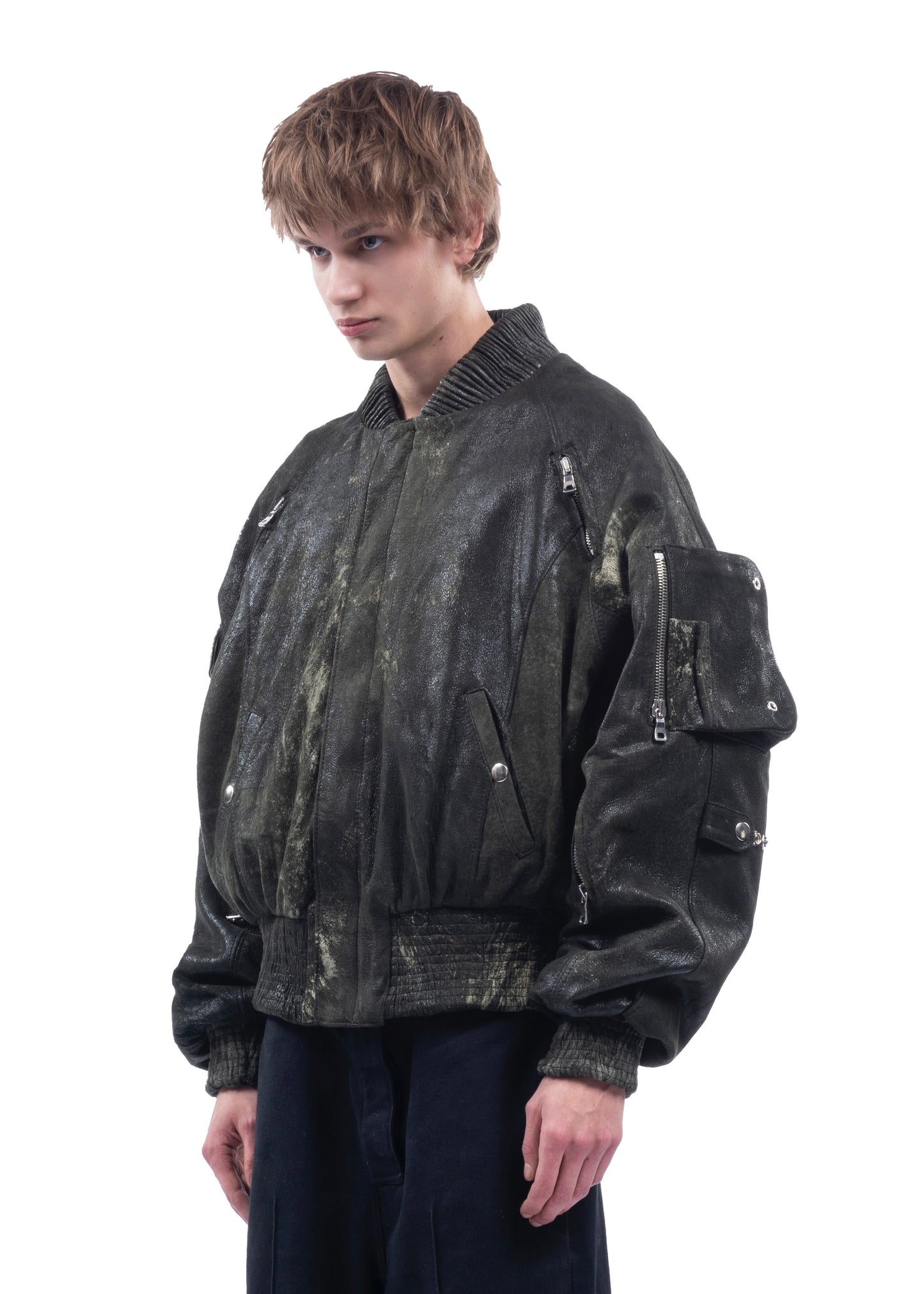USED GREEN LEATHER BOMBER