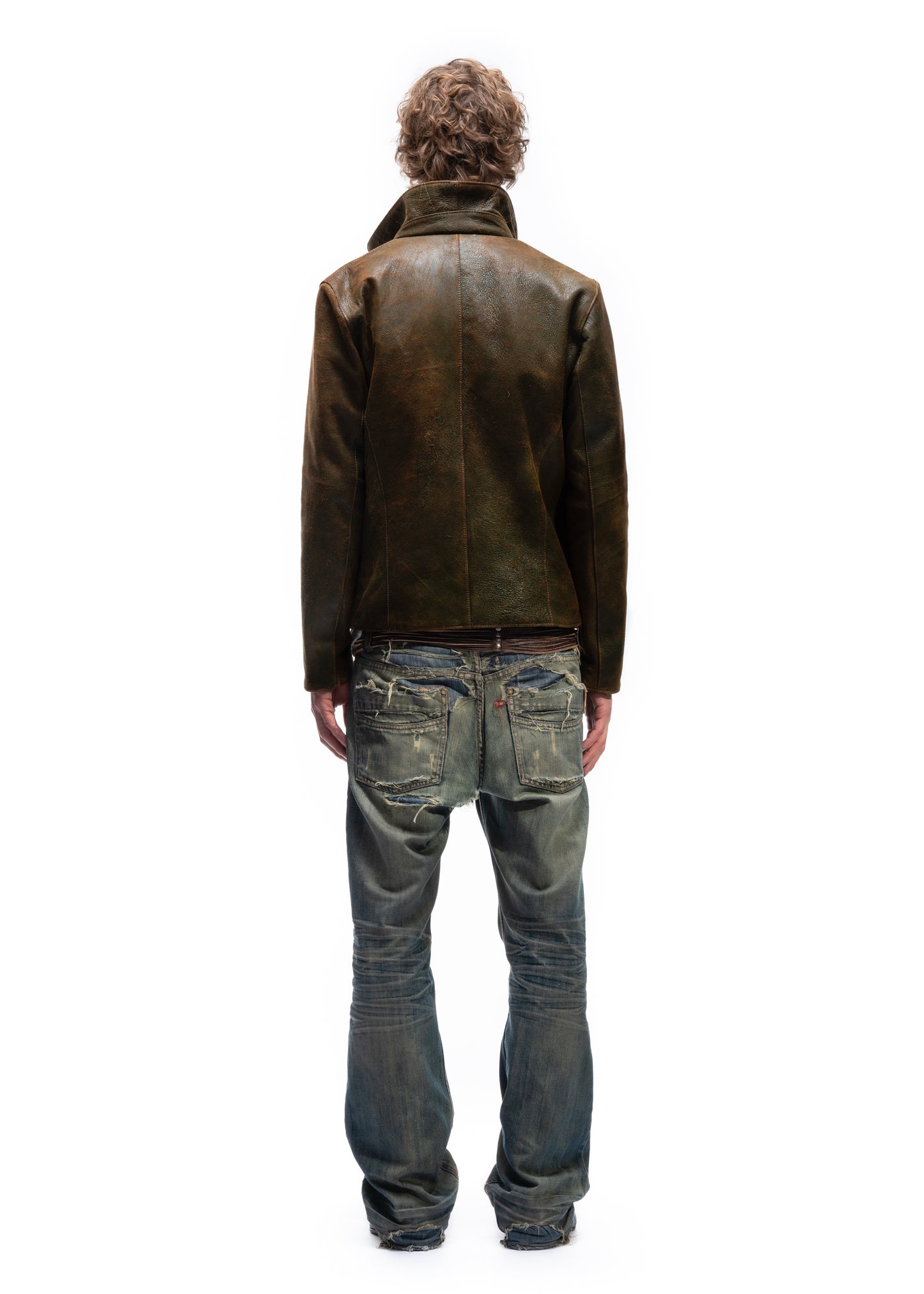 BIKER ONE CUT LEATHER JACKET USED GREEN