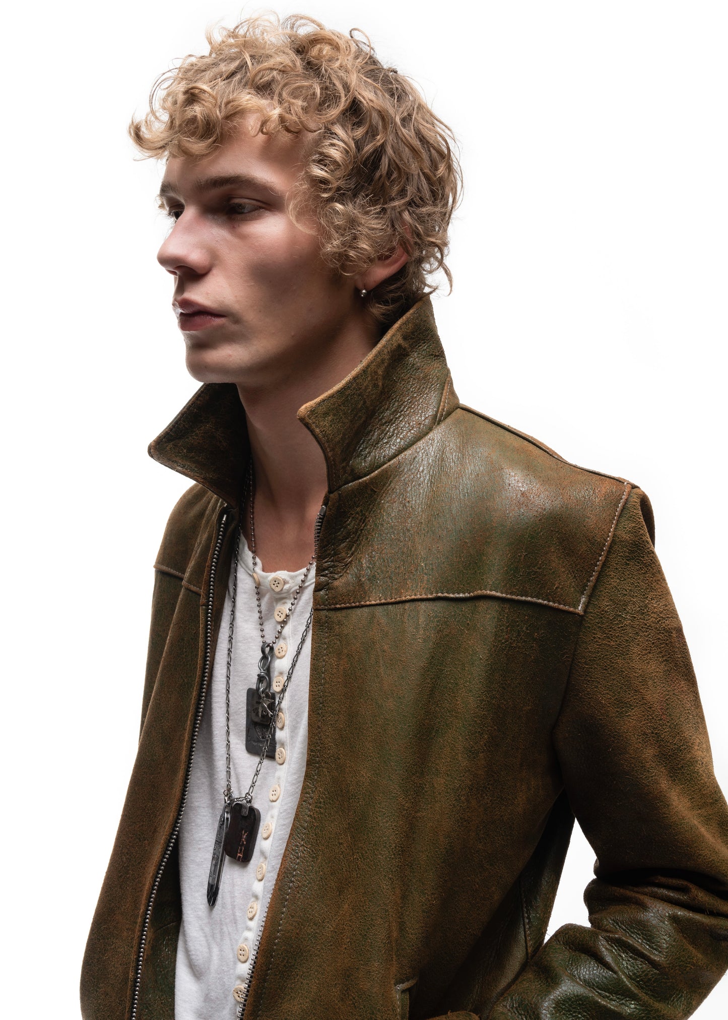 BIKER ONE CUT LEATHER JACKET USED GREEN