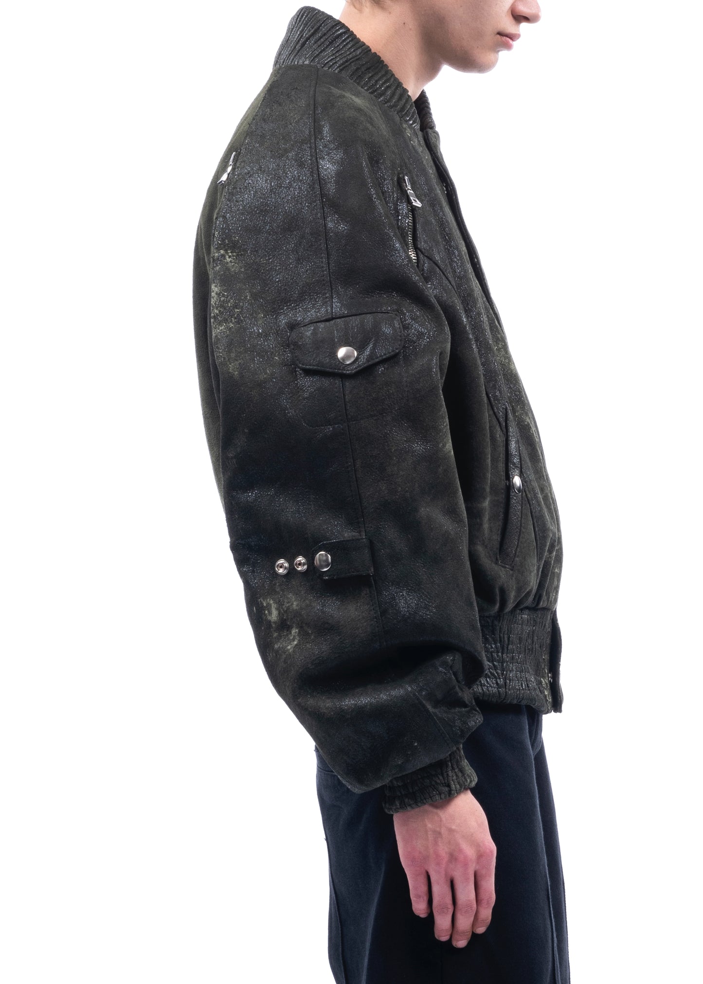USED GREEN LEATHER BOMBER