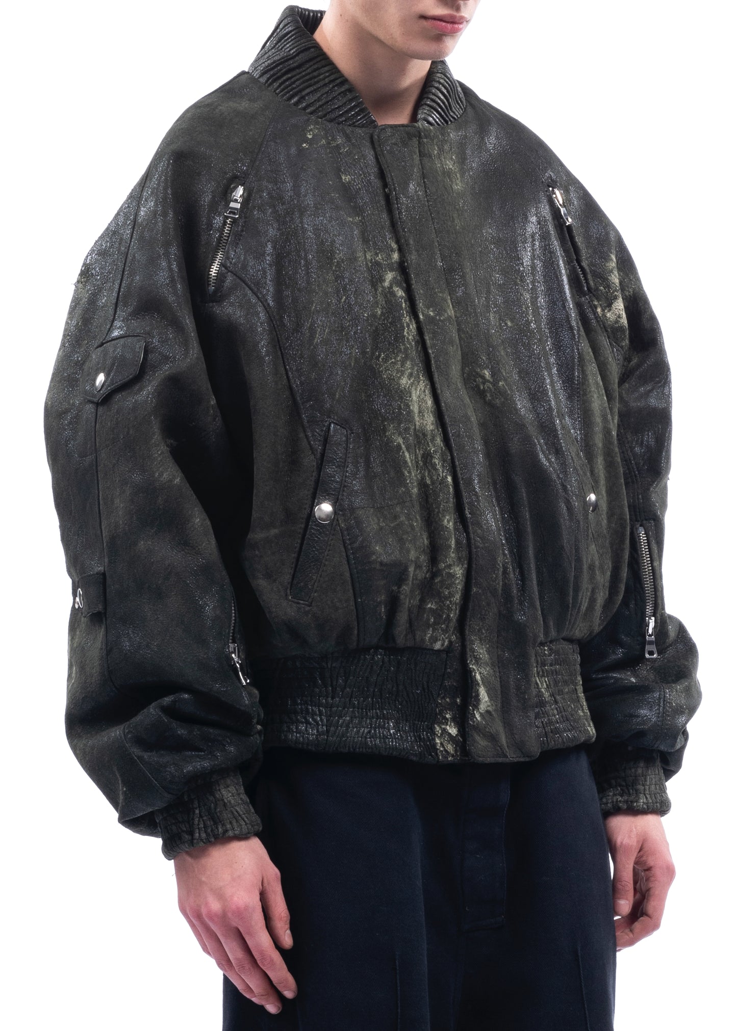 USED GREEN LEATHER BOMBER