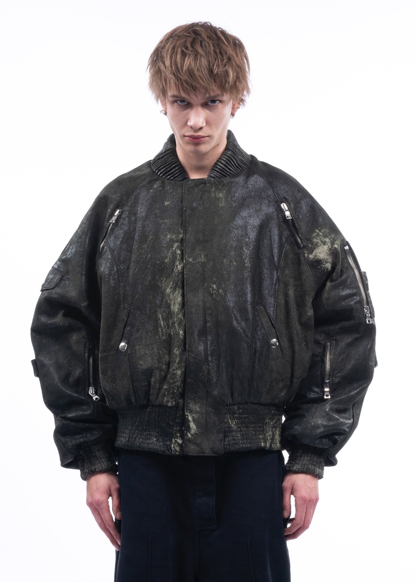 USED GREEN LEATHER BOMBER