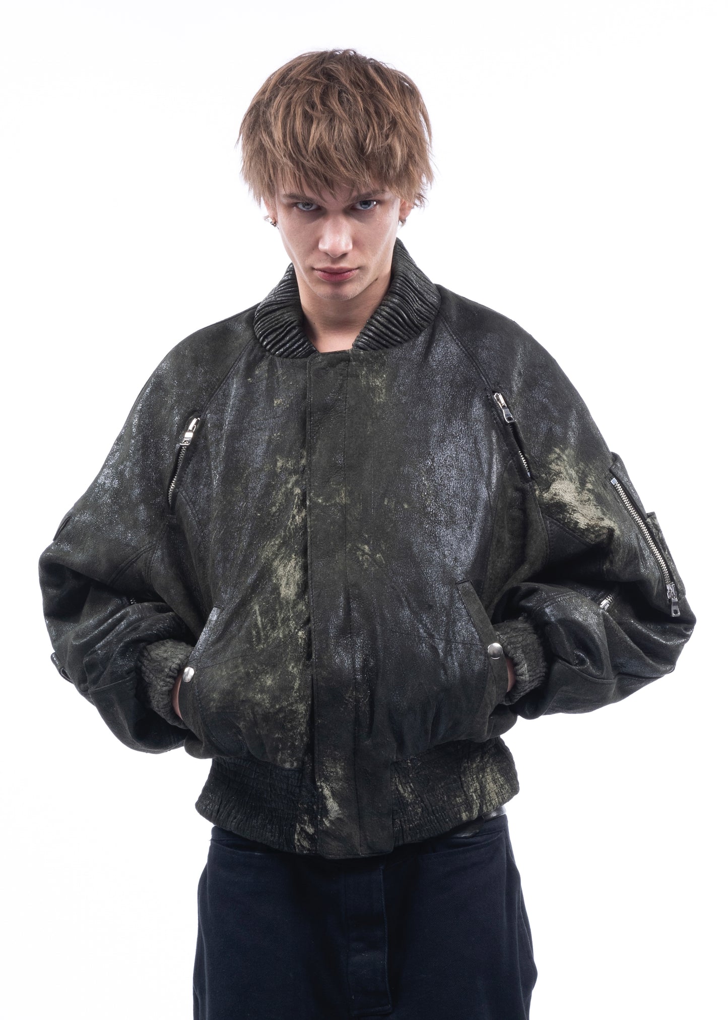USED GREEN LEATHER BOMBER