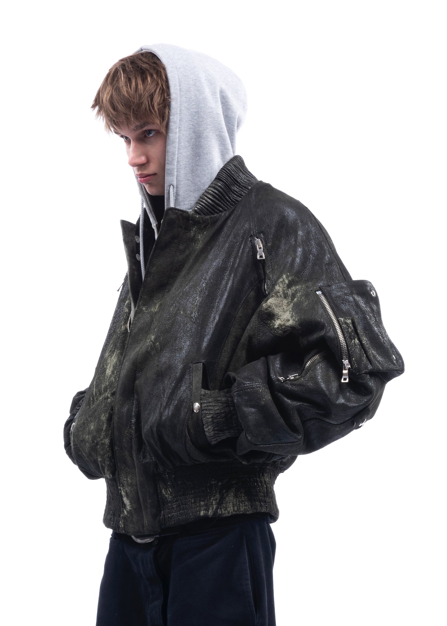 USED GREEN LEATHER BOMBER