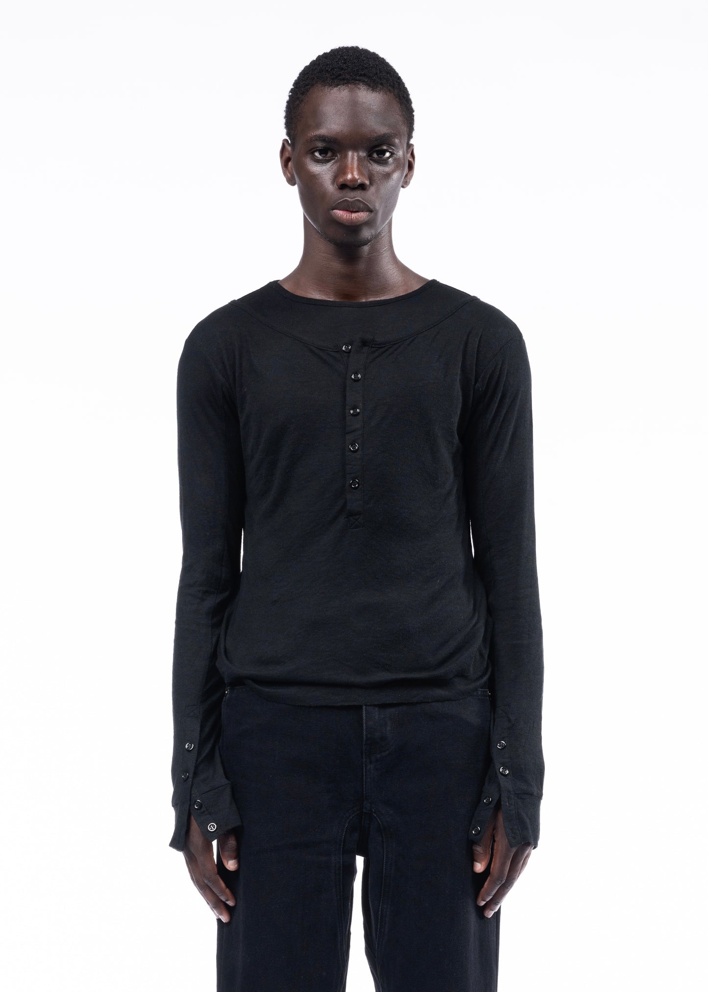 DOUBLE-LAYERED BUTTON ORGANIC COTTON SHIRT BLACK