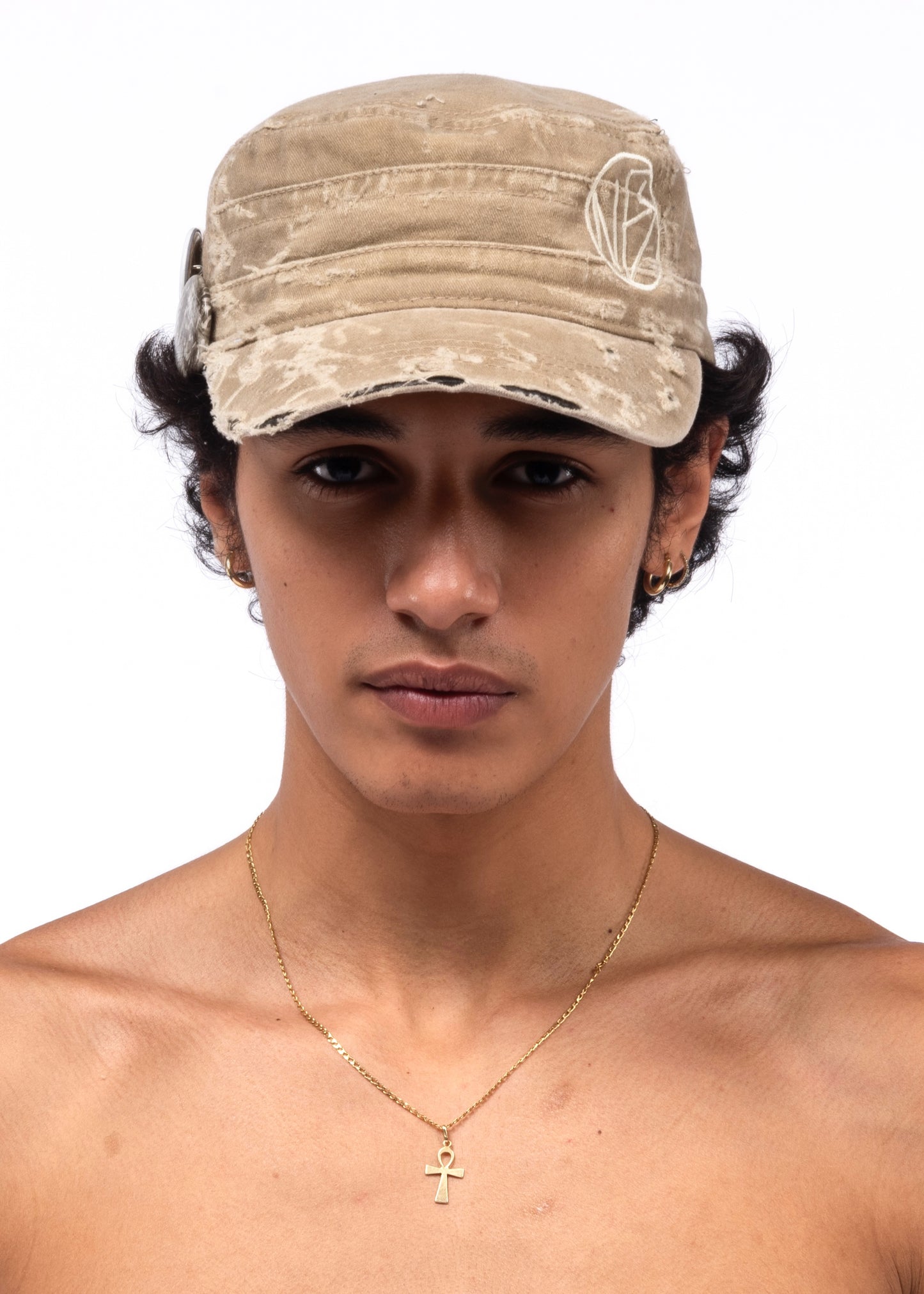 USED BEIGE BUTTON LOGO CAP