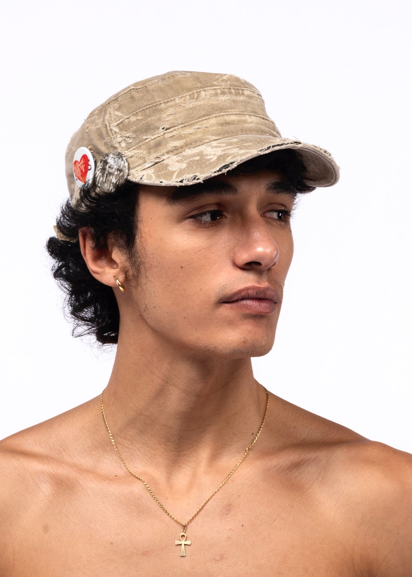USED BEIGE BUTTON LOGO CAP