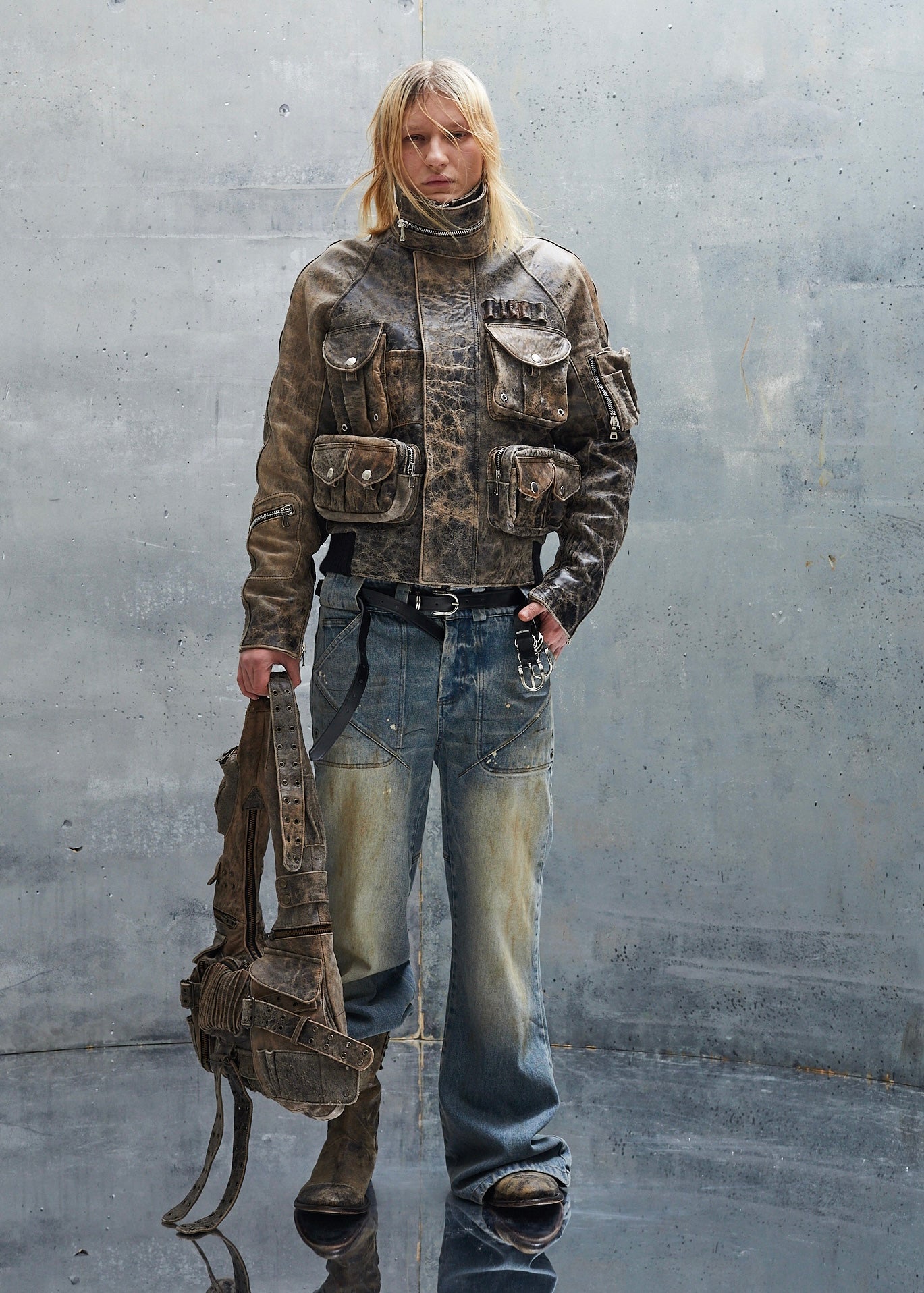 MULTIPOCKET 3D USED BEIGE LEATHER JACKET UNISEX