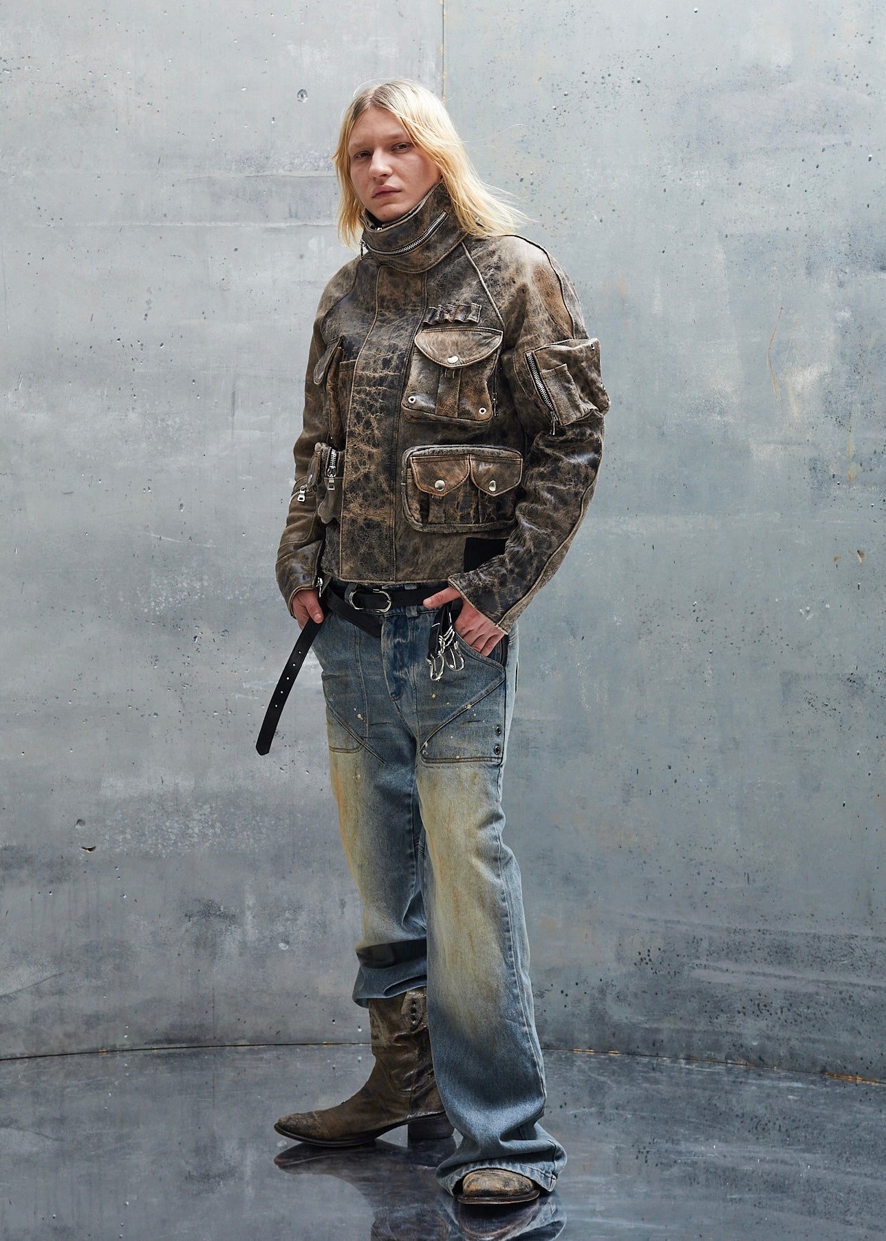 MULTIPOCKET 3D USED BEIGE LEATHER JACKET UNISEX