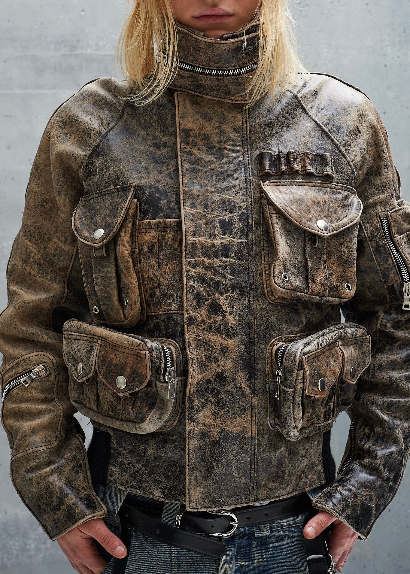MULTIPOCKET 3D USED BEIGE LEATHER JACKET UNISEX