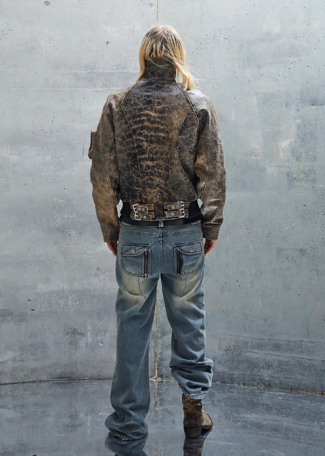 MULTIPOCKET 3D USED BEIGE LEATHER JACKET UNISEX
