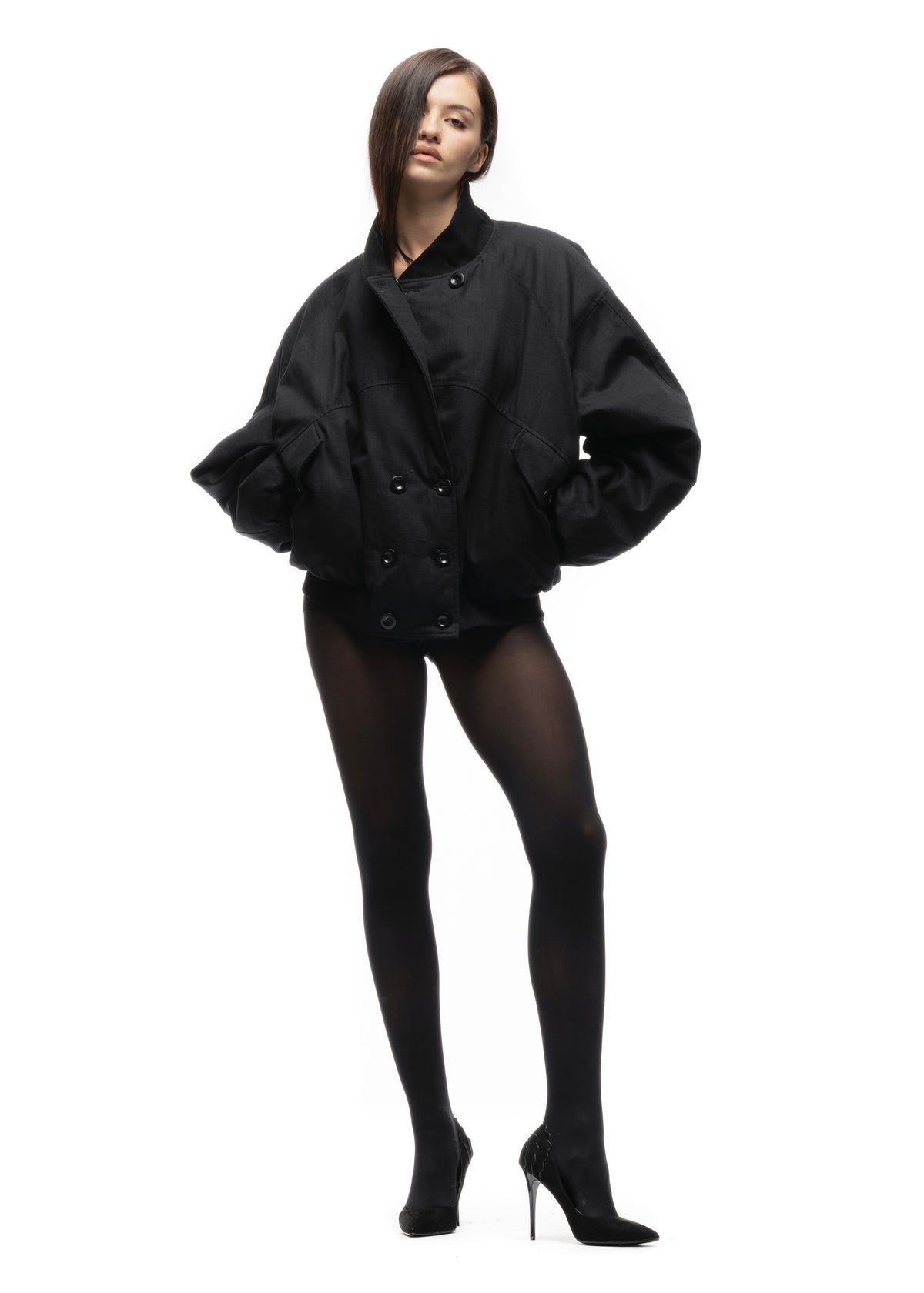 DOUBLE BUTTON BOMBER JACKET STRUCTURED BLACK FEMALE