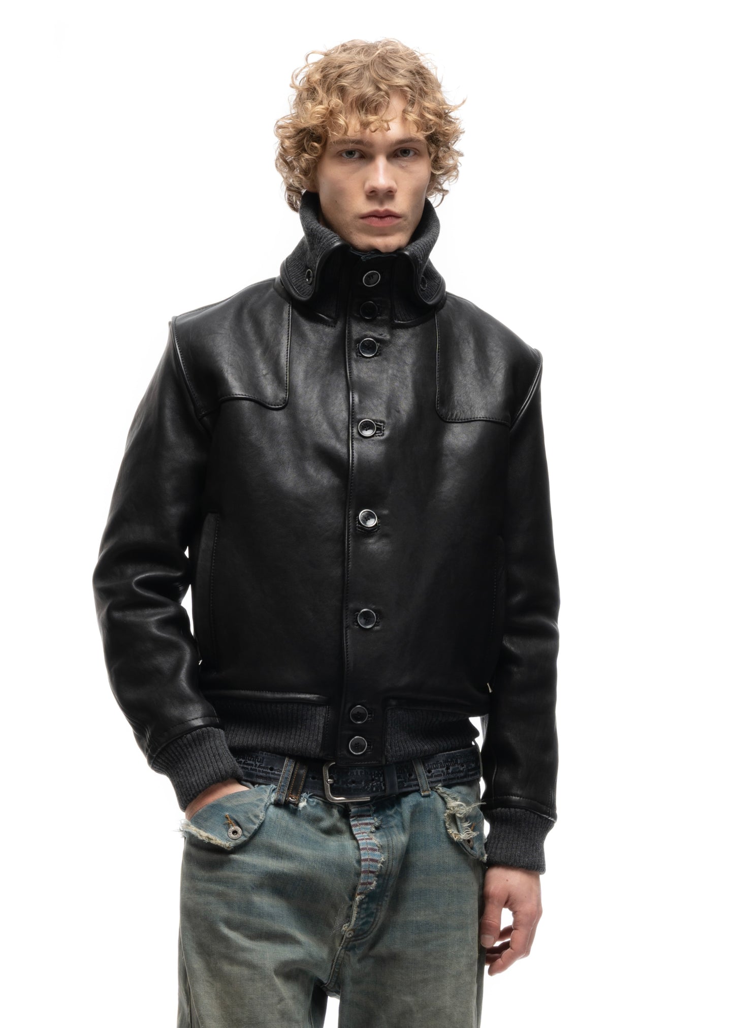 COLLAR UP BUTTON LEATHER JACKET BLACK