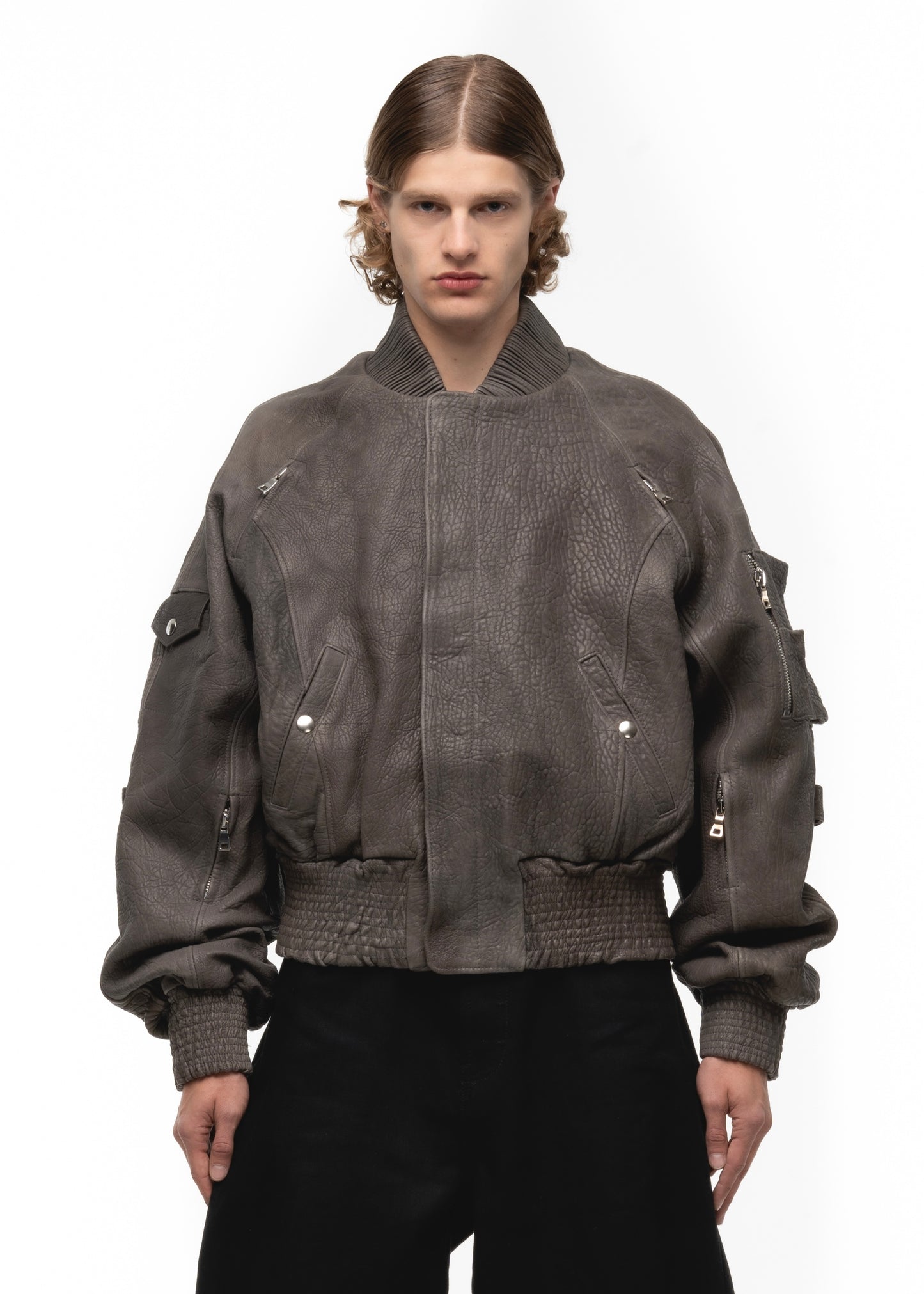 GREY DRIED CONCRETE LEATHER BOMBER