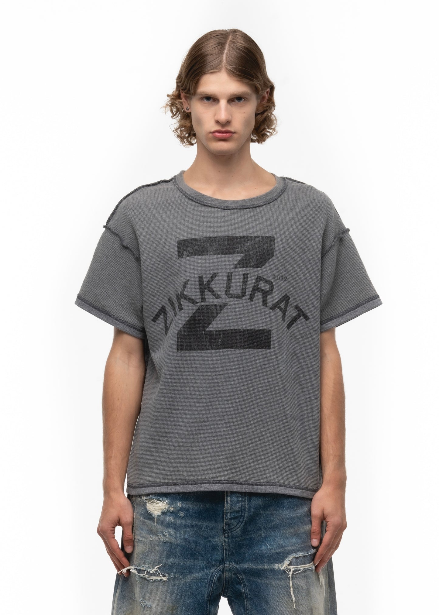 ZIKKURAT SUNFADE WAFFLE COTTON T-SHIRT GREY