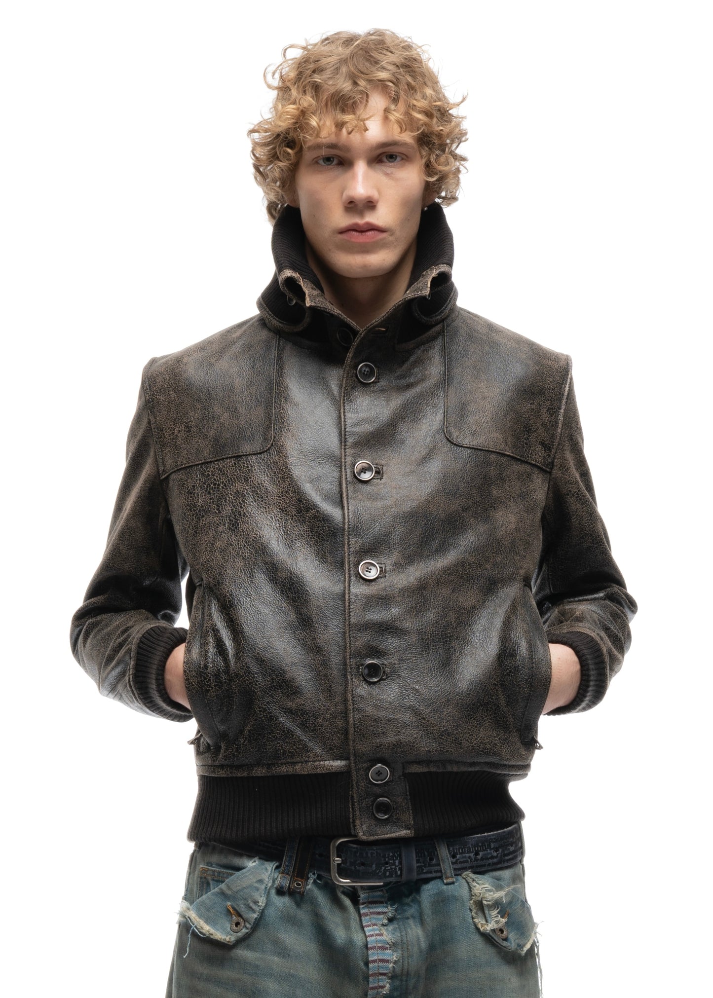 COLLAR UP BUTTON LEATHER JACKET CRACKED USED