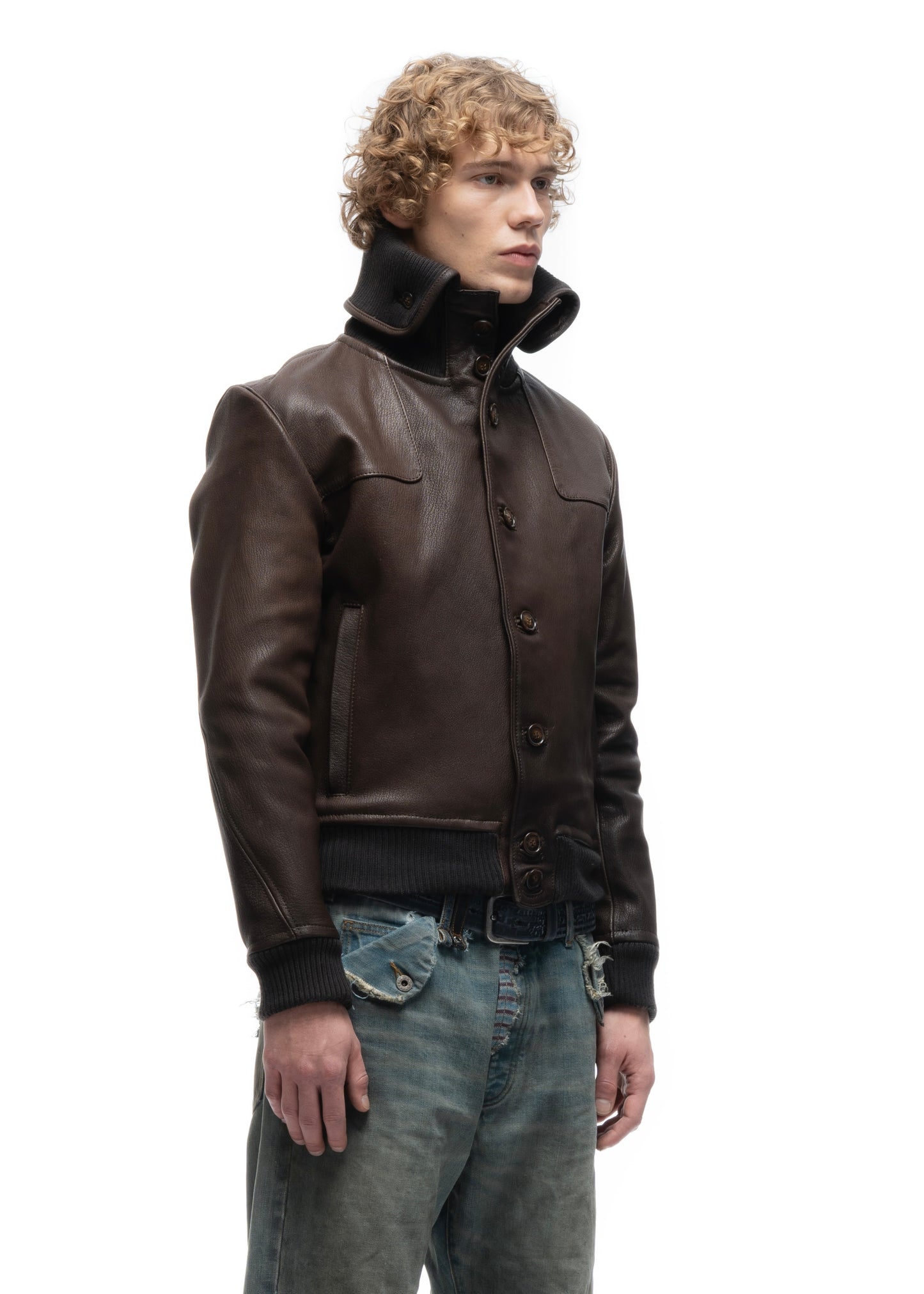 COLLAR UP BUTTON LEATHER JACKET BROWN