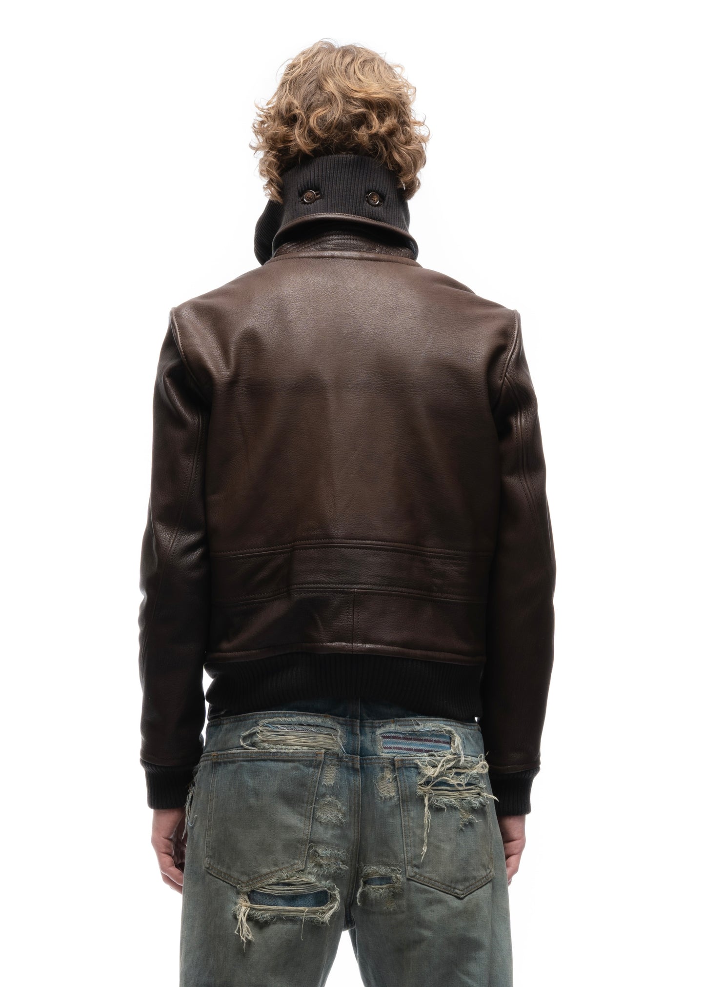 COLLAR UP BUTTON LEATHER JACKET BROWN