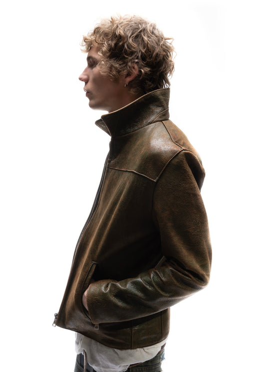 BIKER ONE CUT LEATHER JACKET USED GREEN
