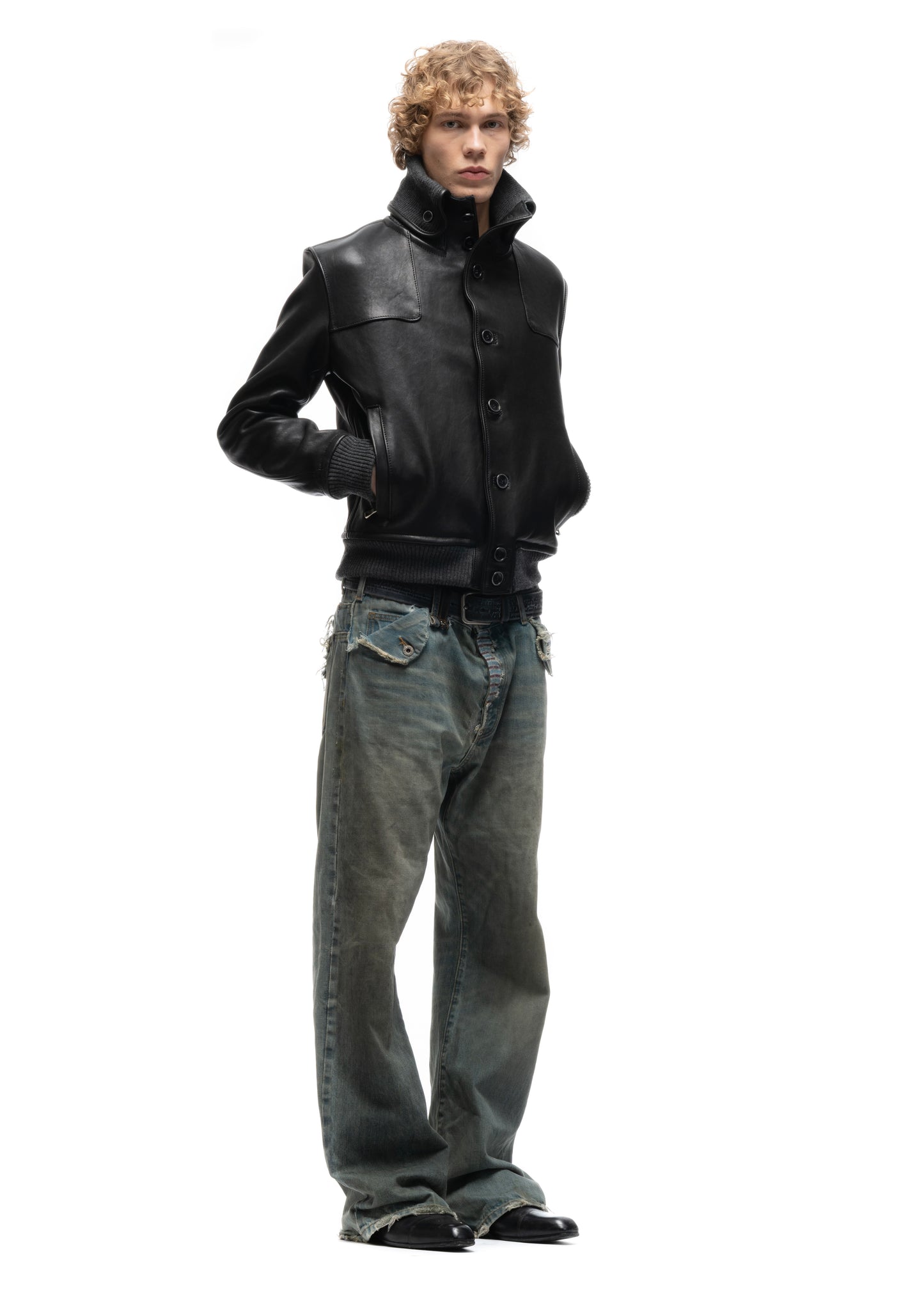 COLLAR UP BUTTON LEATHER JACKET BLACK