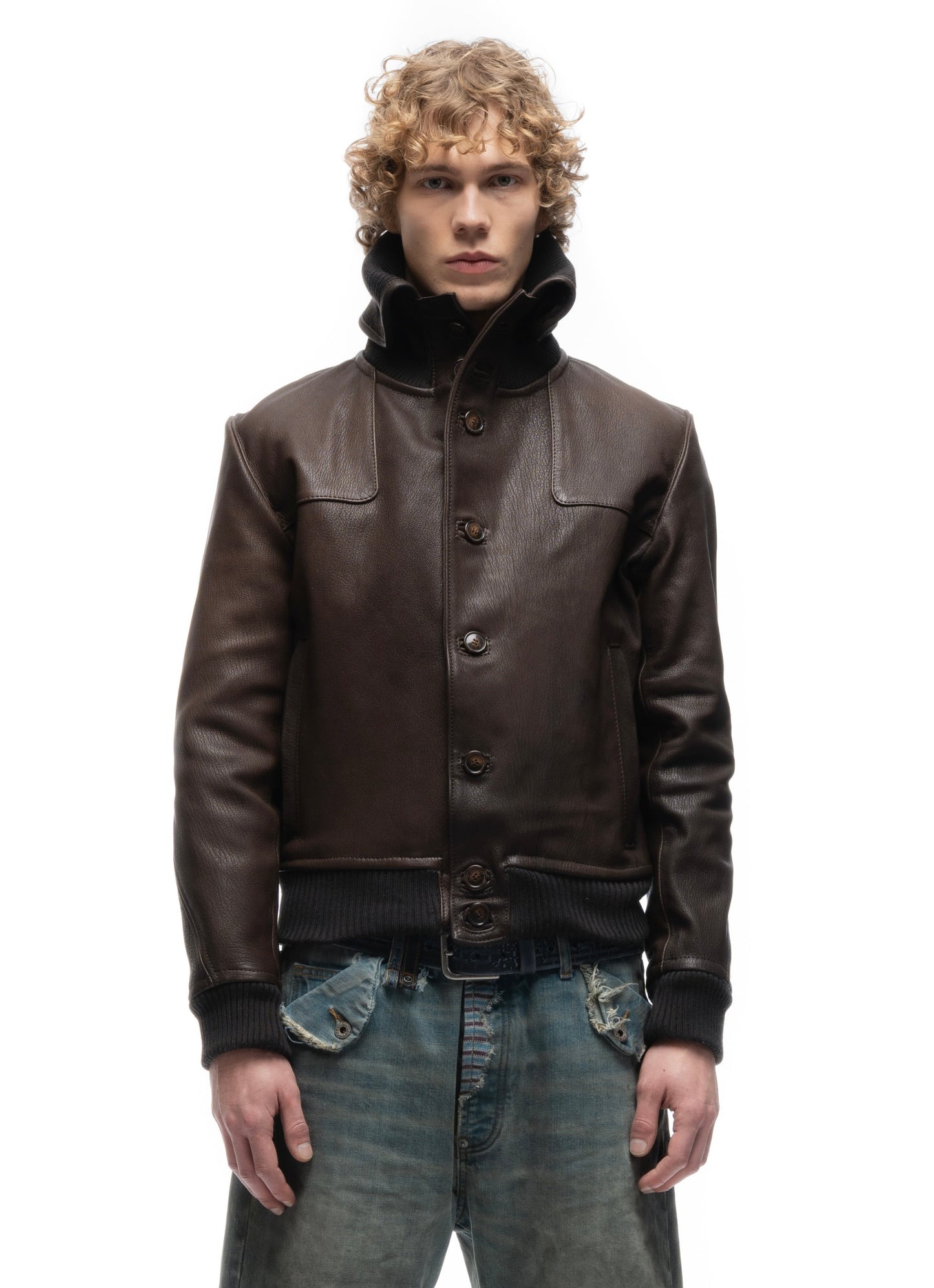 COLLAR UP BUTTON LEATHER JACKET BROWN