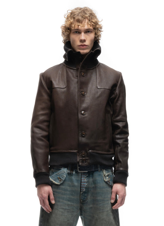 COLLAR UP BUTTON LEATHER JACKET BROWN