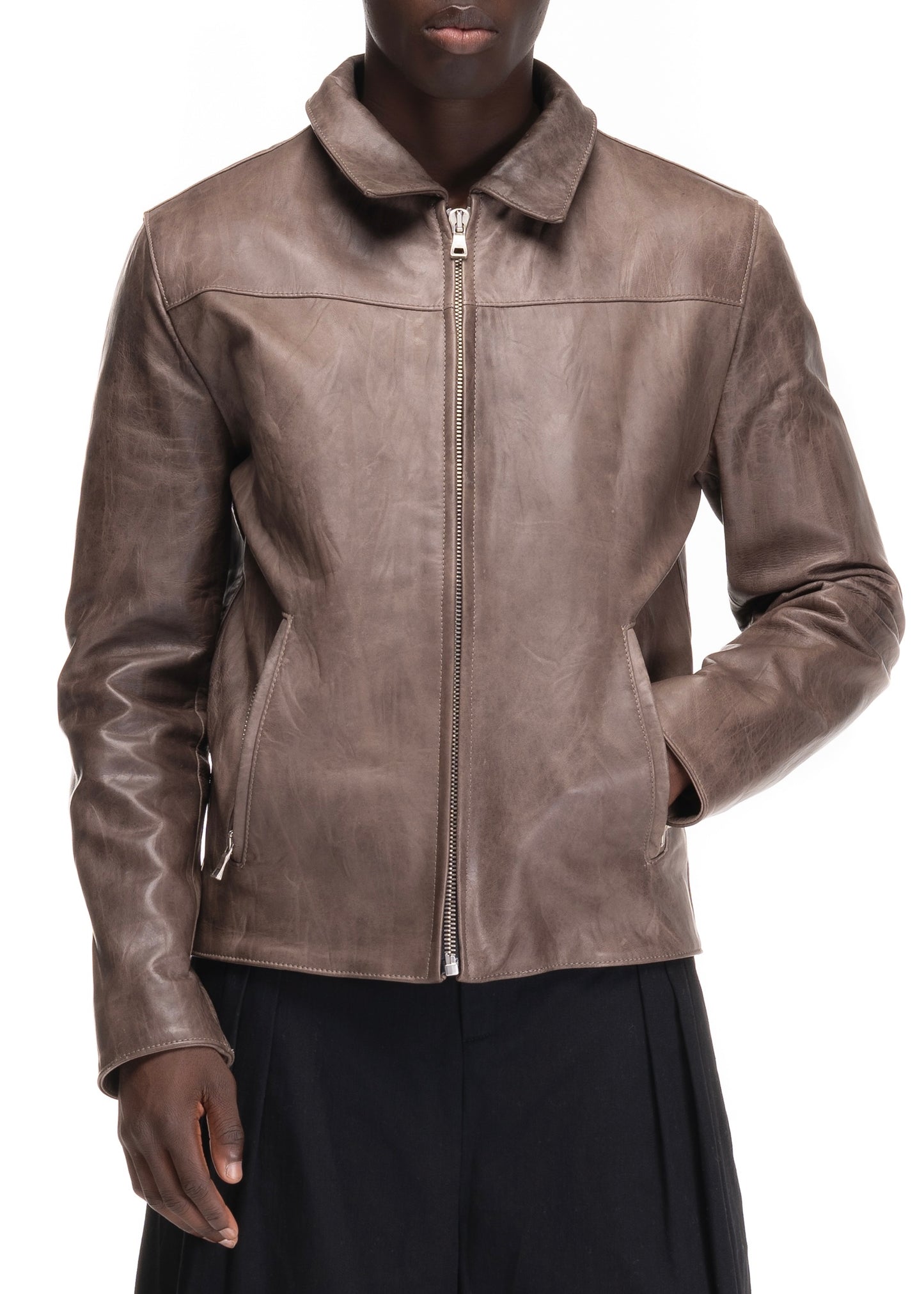 BASIC CUT LEATHER JACKET LIGHT BROWN 003