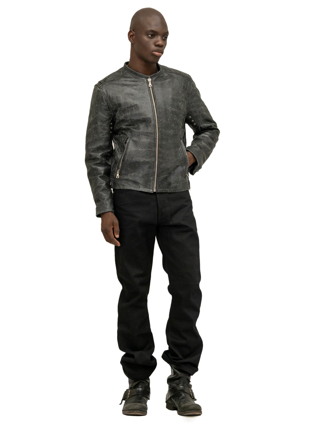 CRACKED BLACK RACER CUT LEATHER JACKET