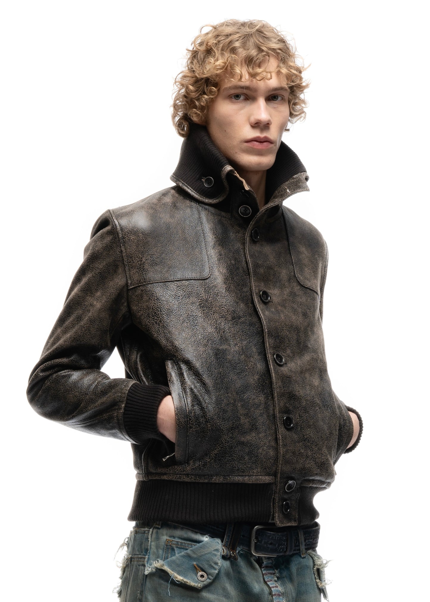 COLLAR UP BUTTON LEATHER JACKET CRACKED USED