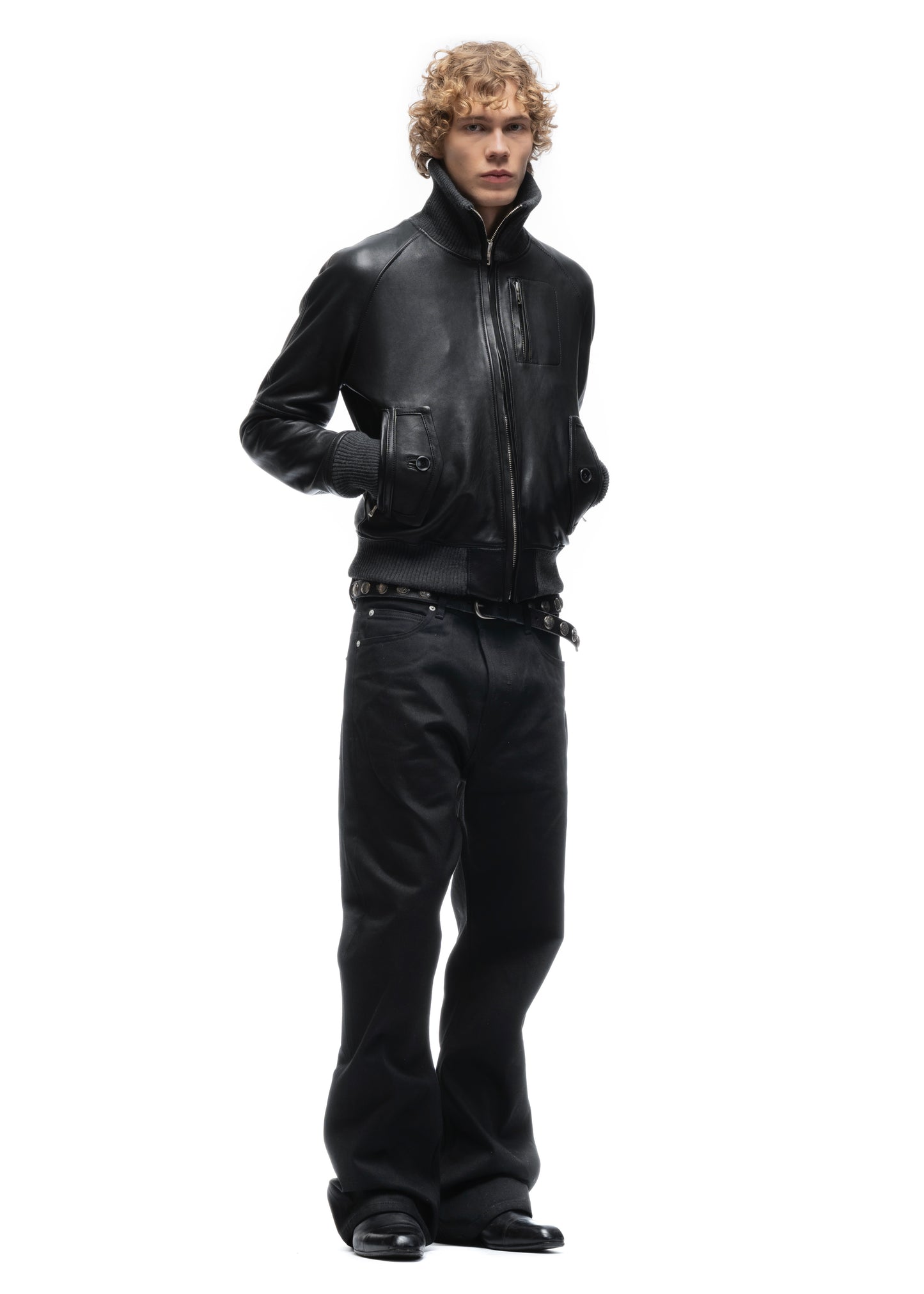 BIKER HIGH COLLAR ZIP LEATHER JACKET