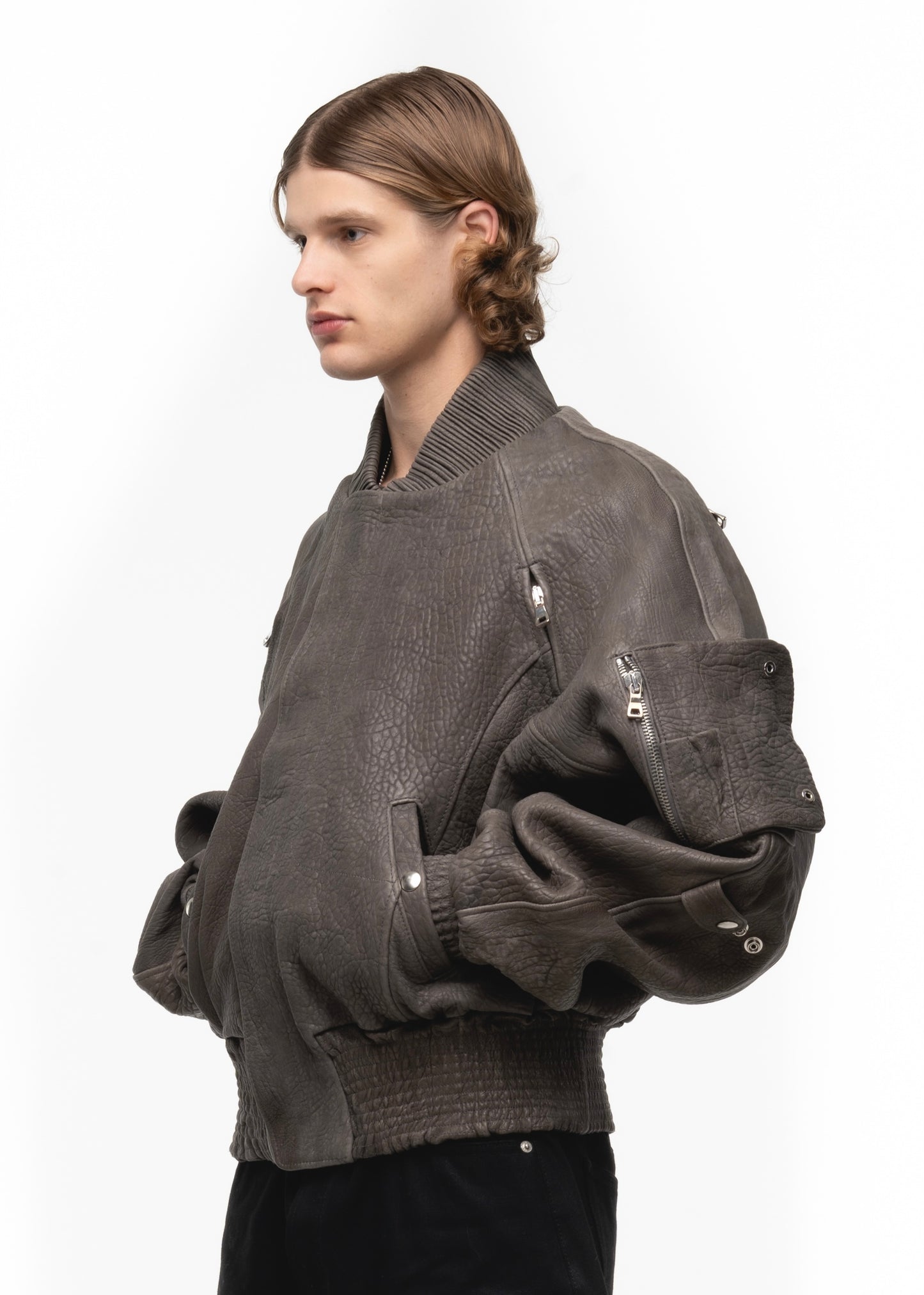 GREY DRIED CONCRETE LEATHER BOMBER