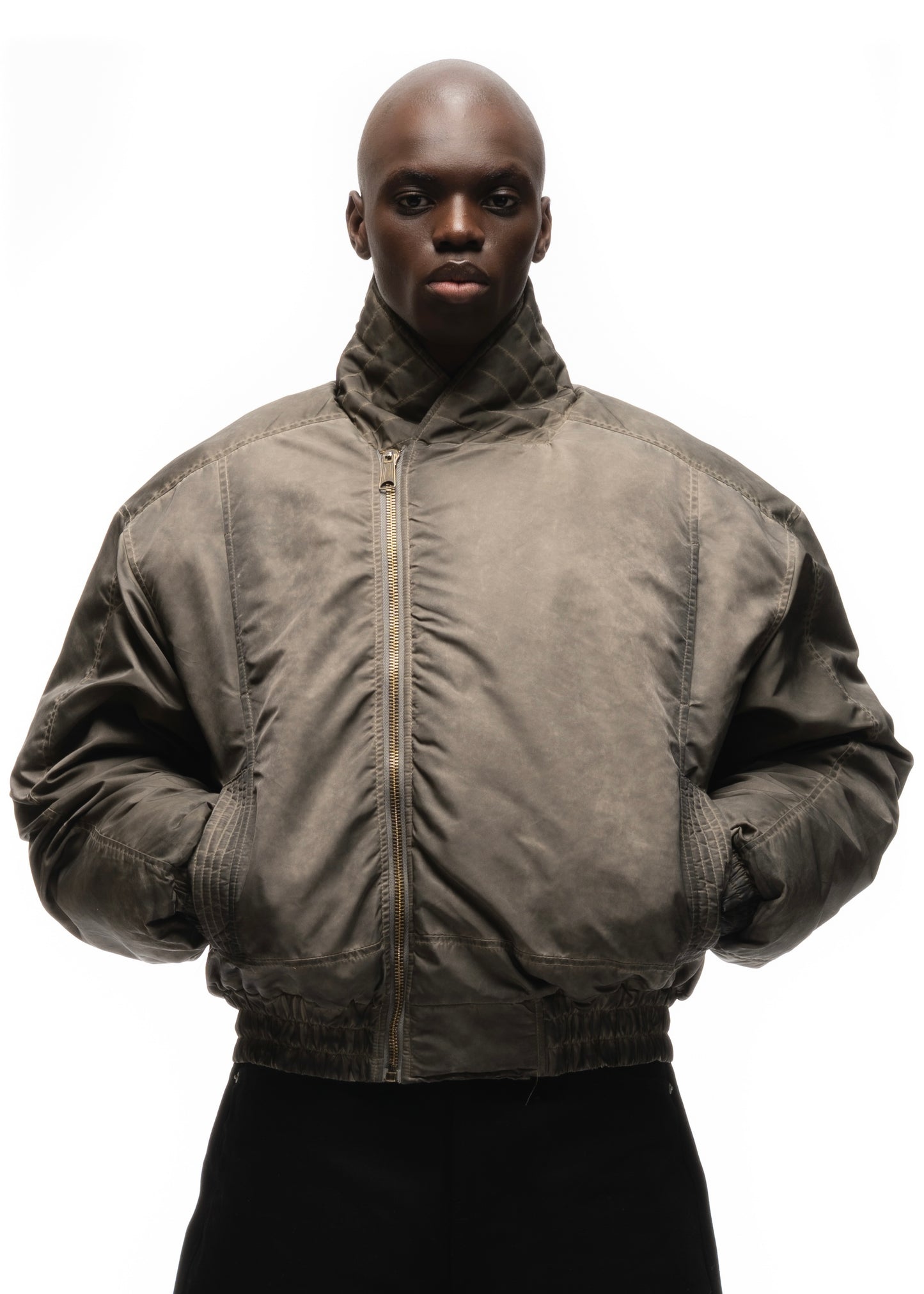 ASYMMETRICAL ZIP BOMBER JACKET USED BEIGE