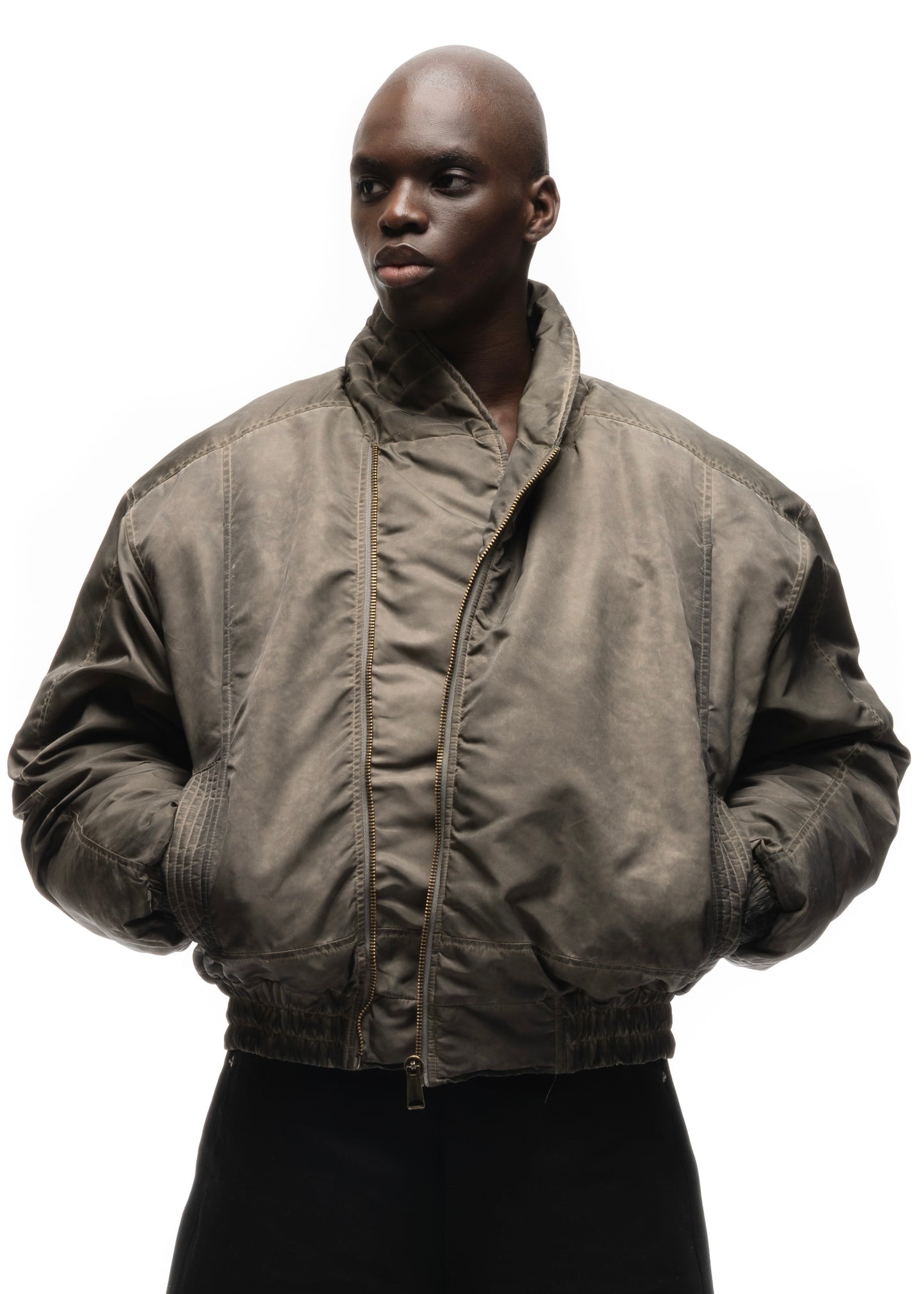 ASYMMETRICAL ZIP BOMBER JACKET USED BEIGE