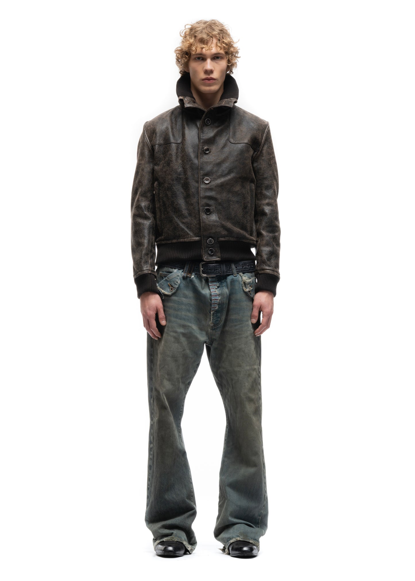 COLLAR UP BUTTON LEATHER JACKET CRACKED USED