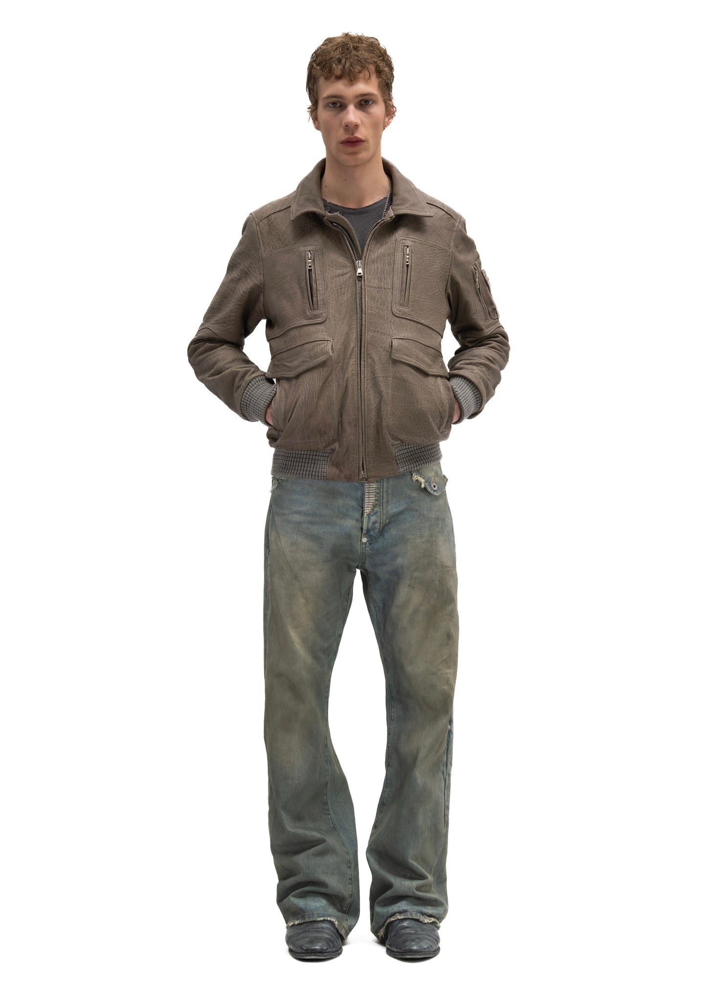 AVIATOR FUR LEATHER JACKET GREY