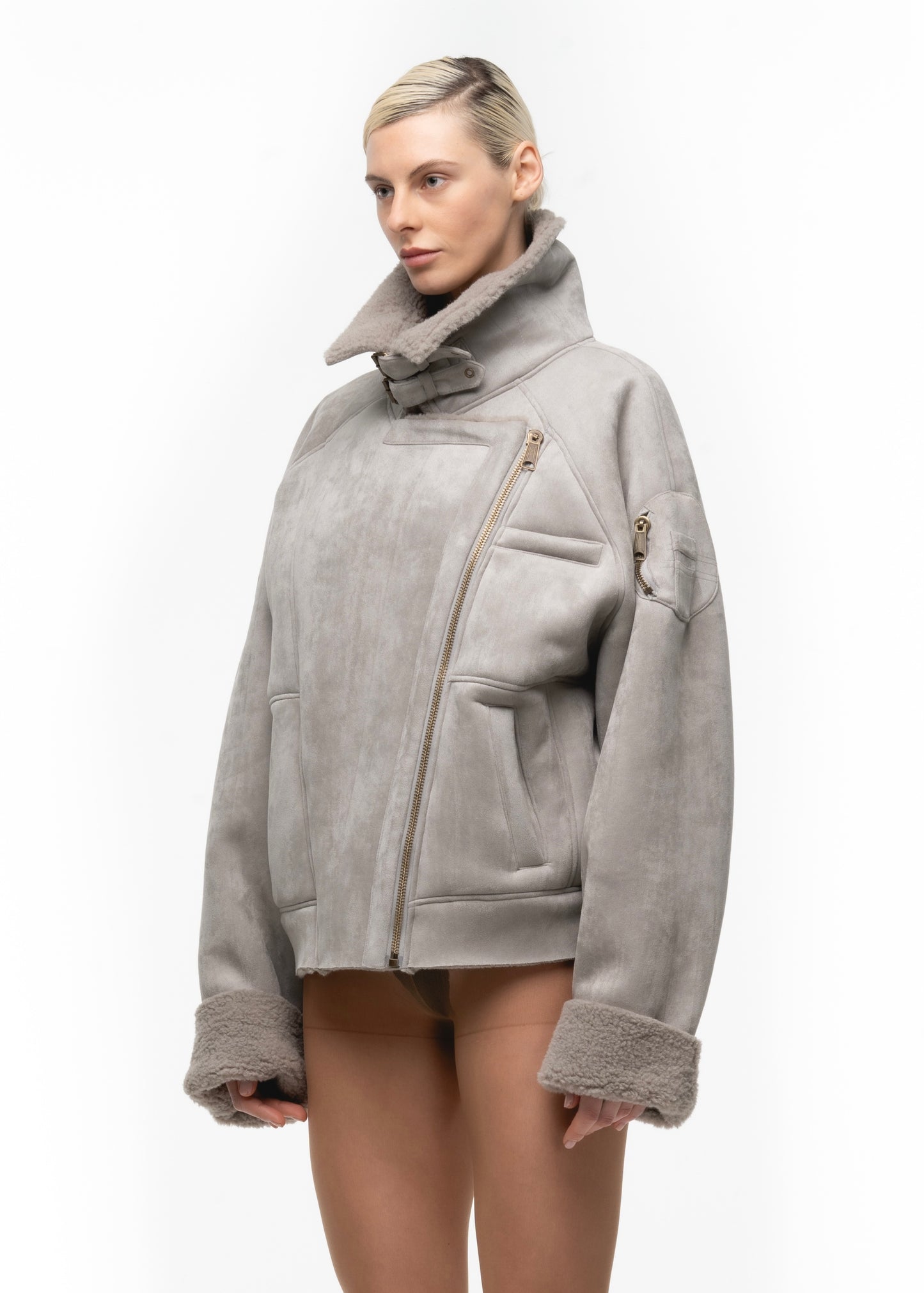 HEAVY FLIGHT SHEARLING JACKET GREY WOMEN'S CUT