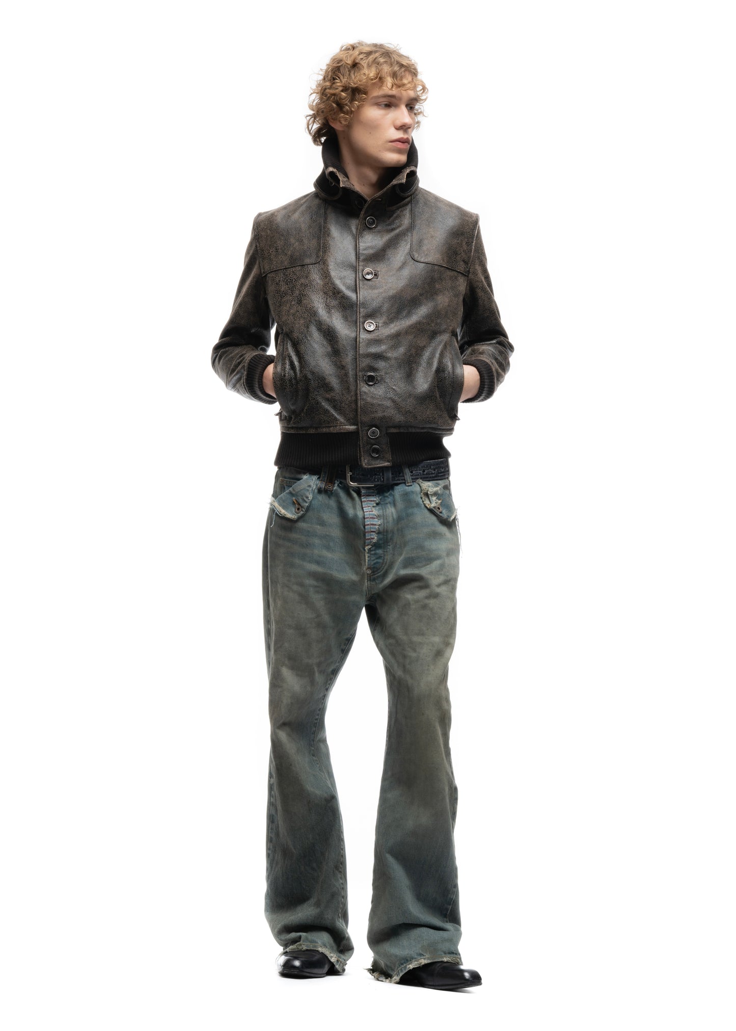 COLLAR UP BUTTON LEATHER JACKET CRACKED USED