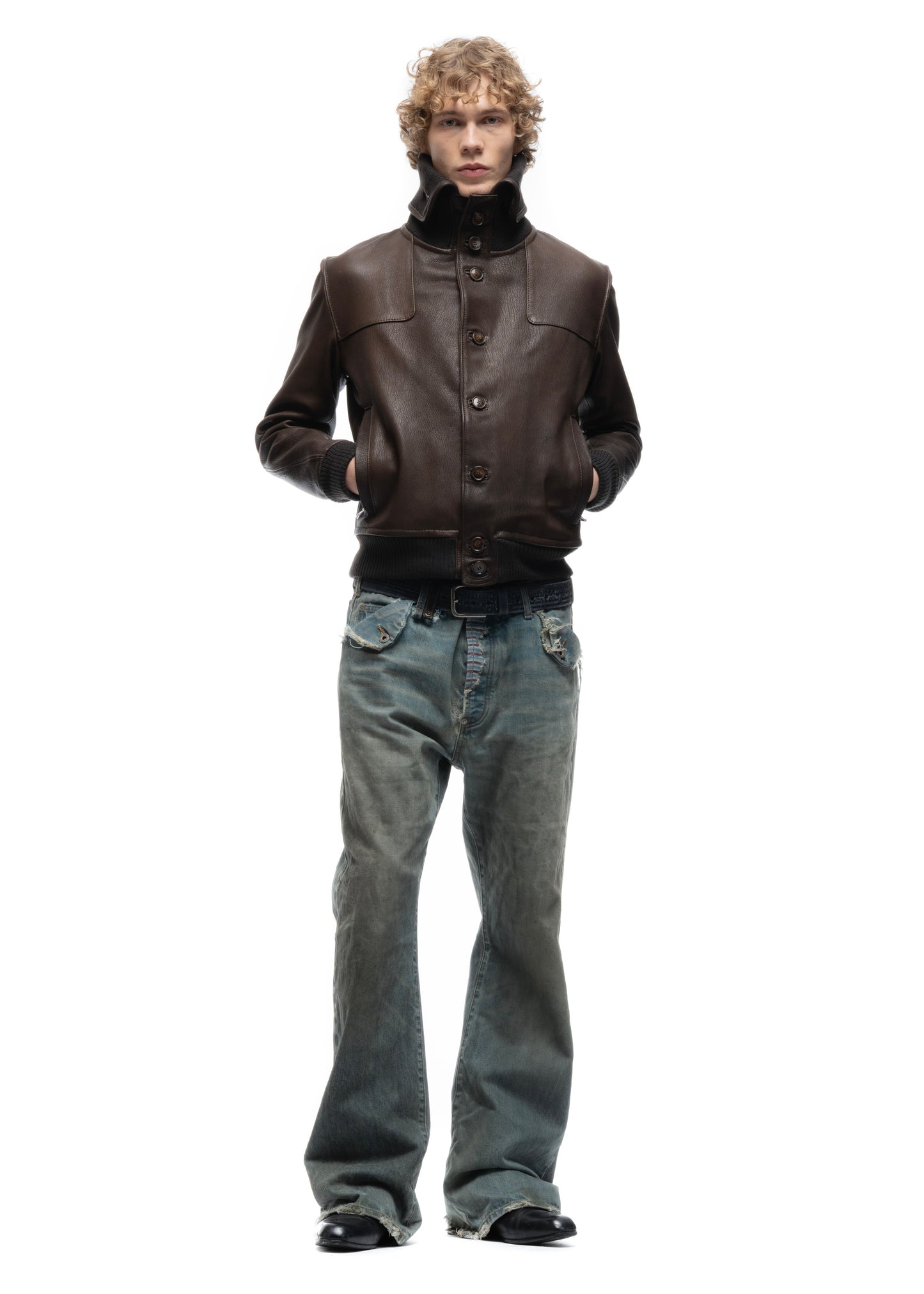 COLLAR UP BUTTON LEATHER JACKET BROWN