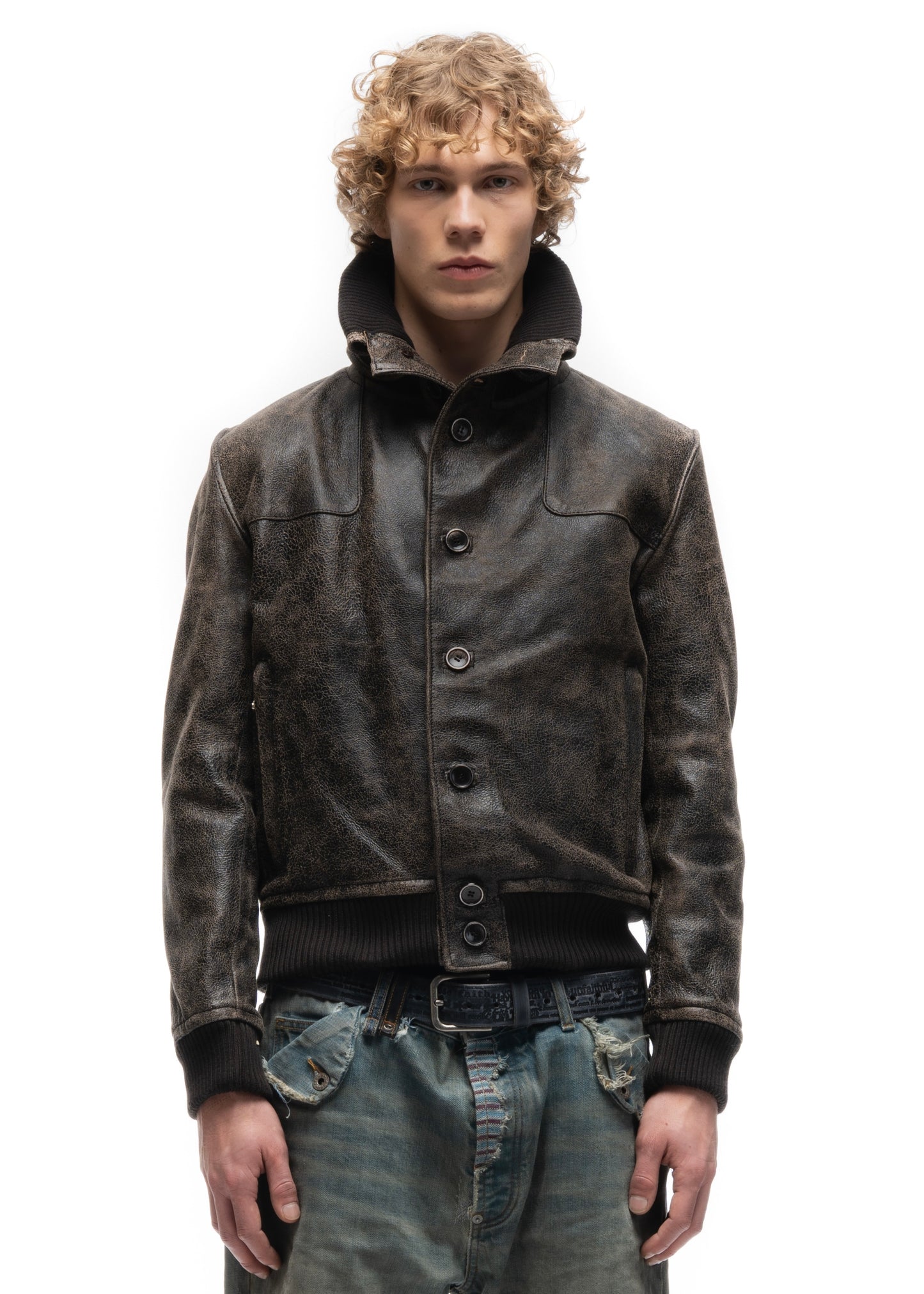 COLLAR UP BUTTON LEATHER JACKET CRACKED USED