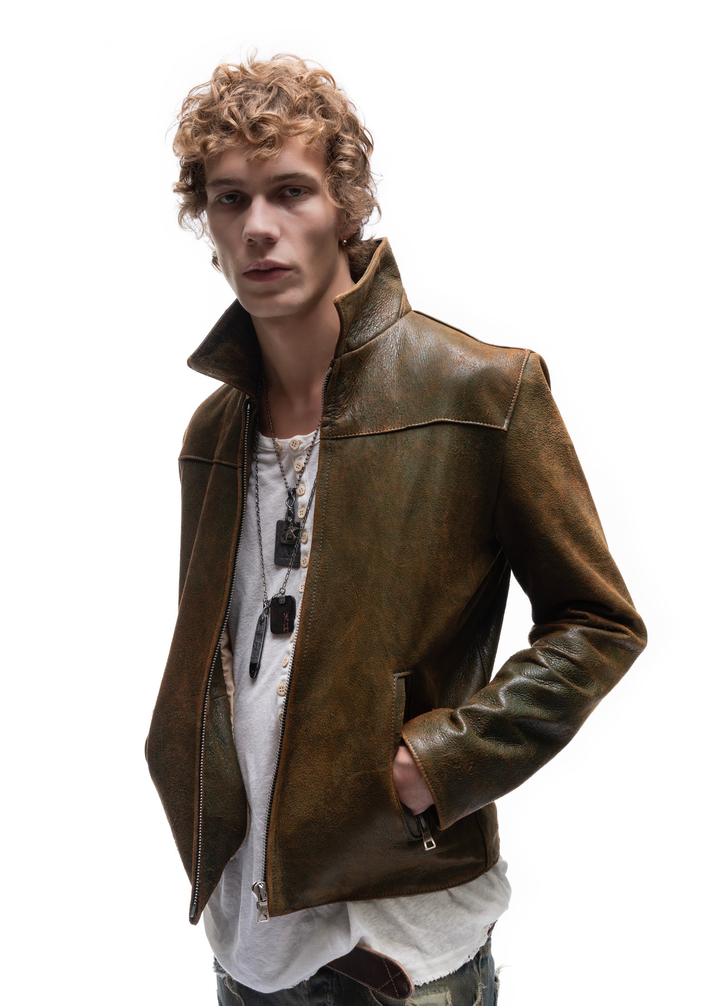 BIKER ONE CUT LEATHER JACKET USED GREEN